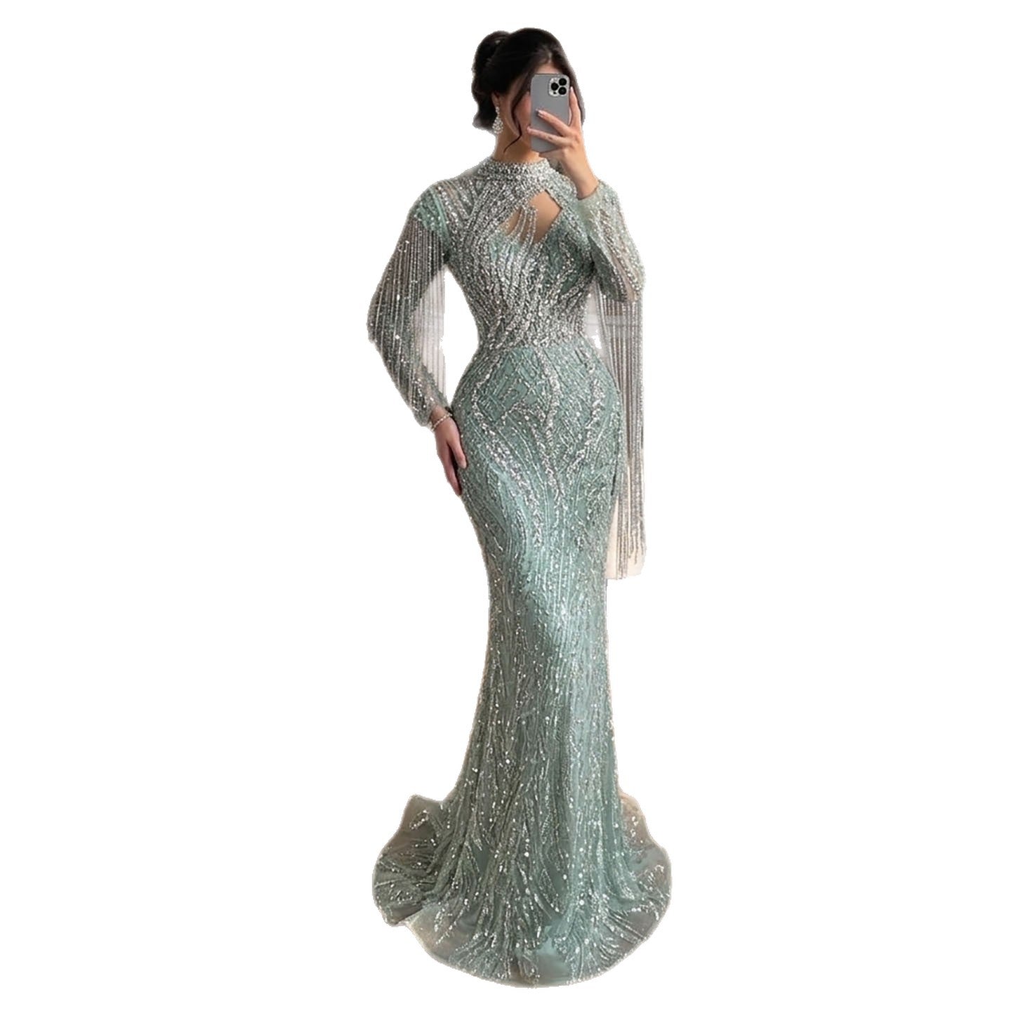 Sage Green Beaded Mermaid Evening Dress with Ruffle Shoulder LA73657 SERENE HILL