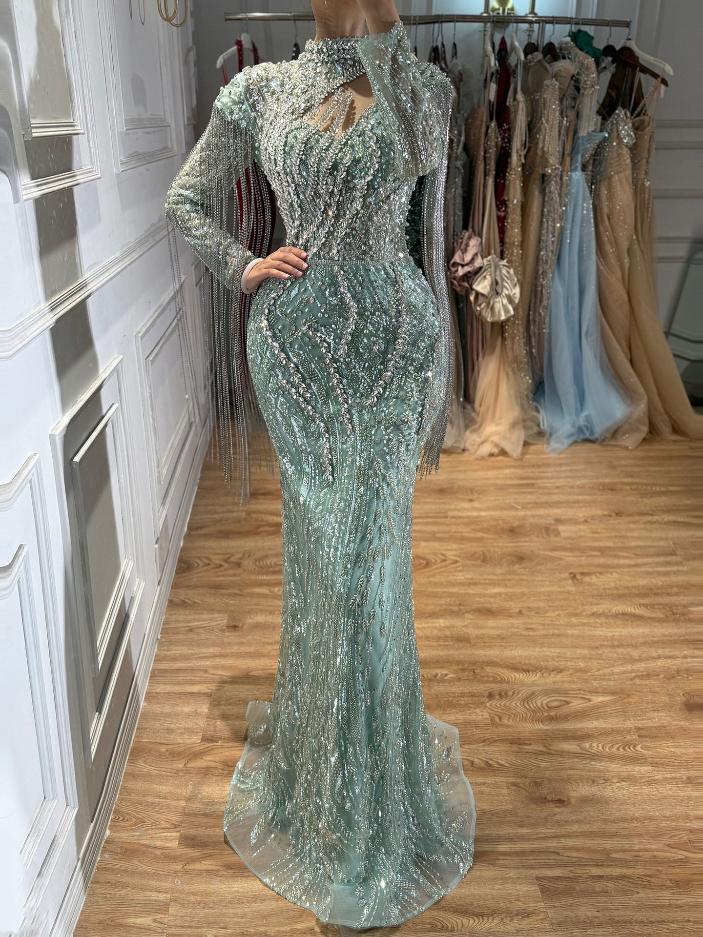 Sage Green Beaded Mermaid Evening Dress with Ruffle Shoulder LA73657 SERENE HILL