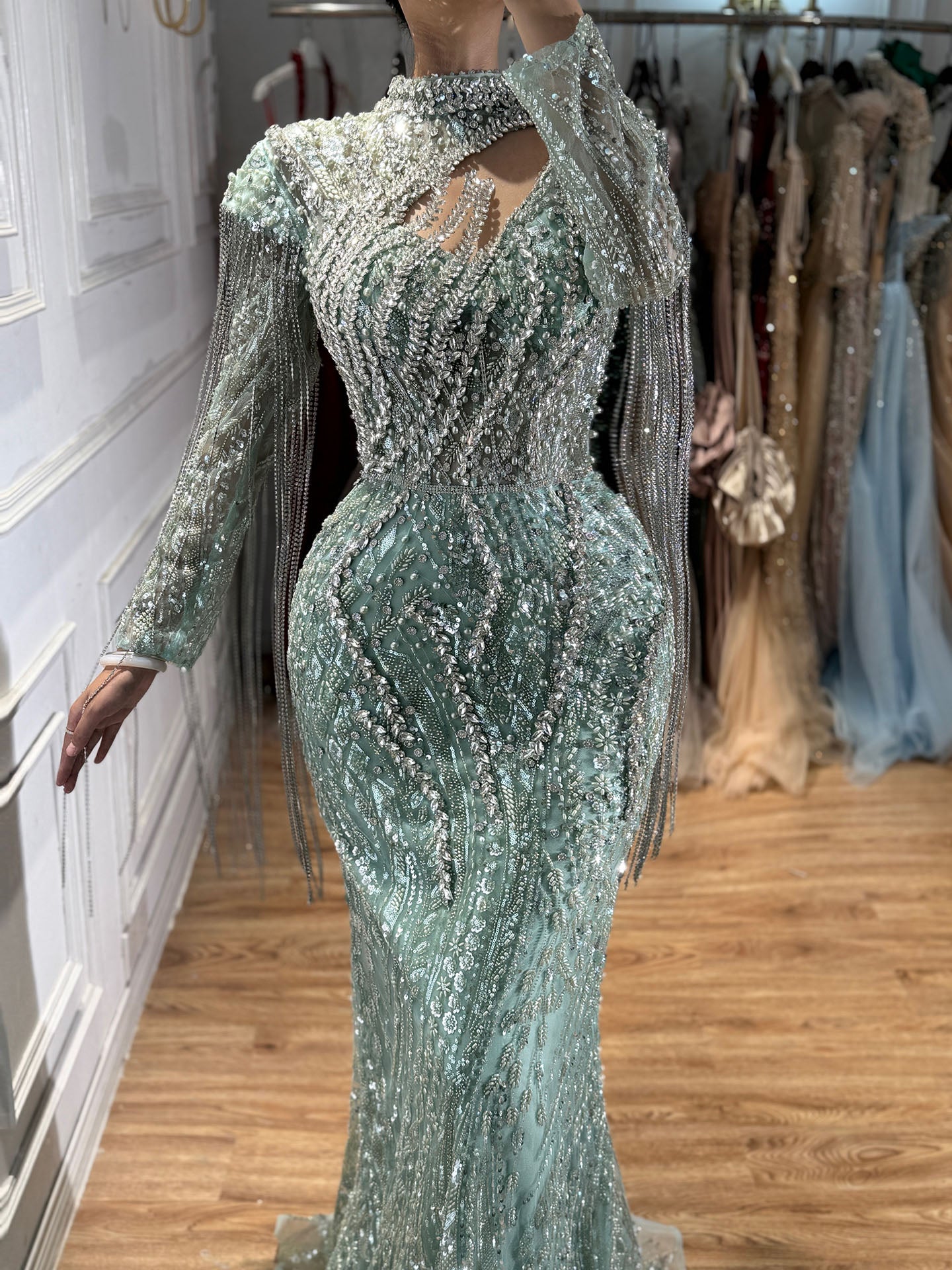 Sage Green Beaded Mermaid Evening Dress with Ruffle Shoulder LA73657 SERENE HILL