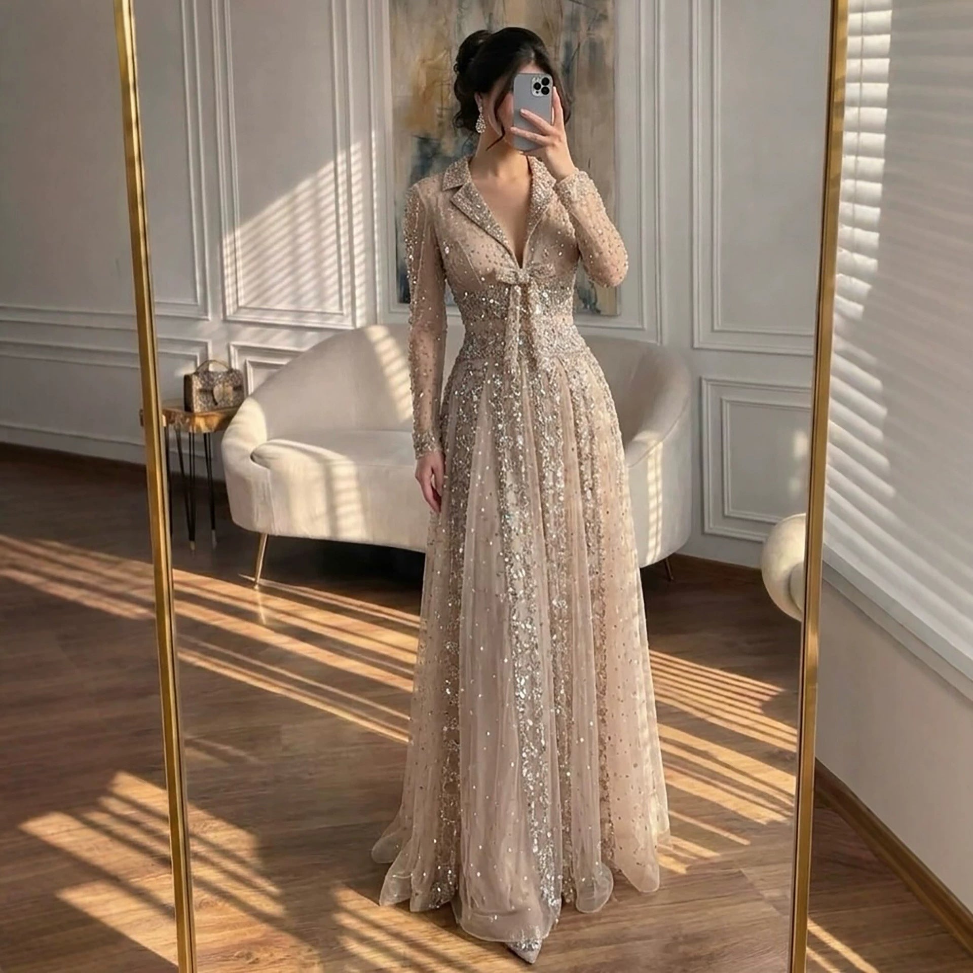 Luxury Caramel V Neck Beaded Bow A Line Evening Gown LA73663 SERENE HILL