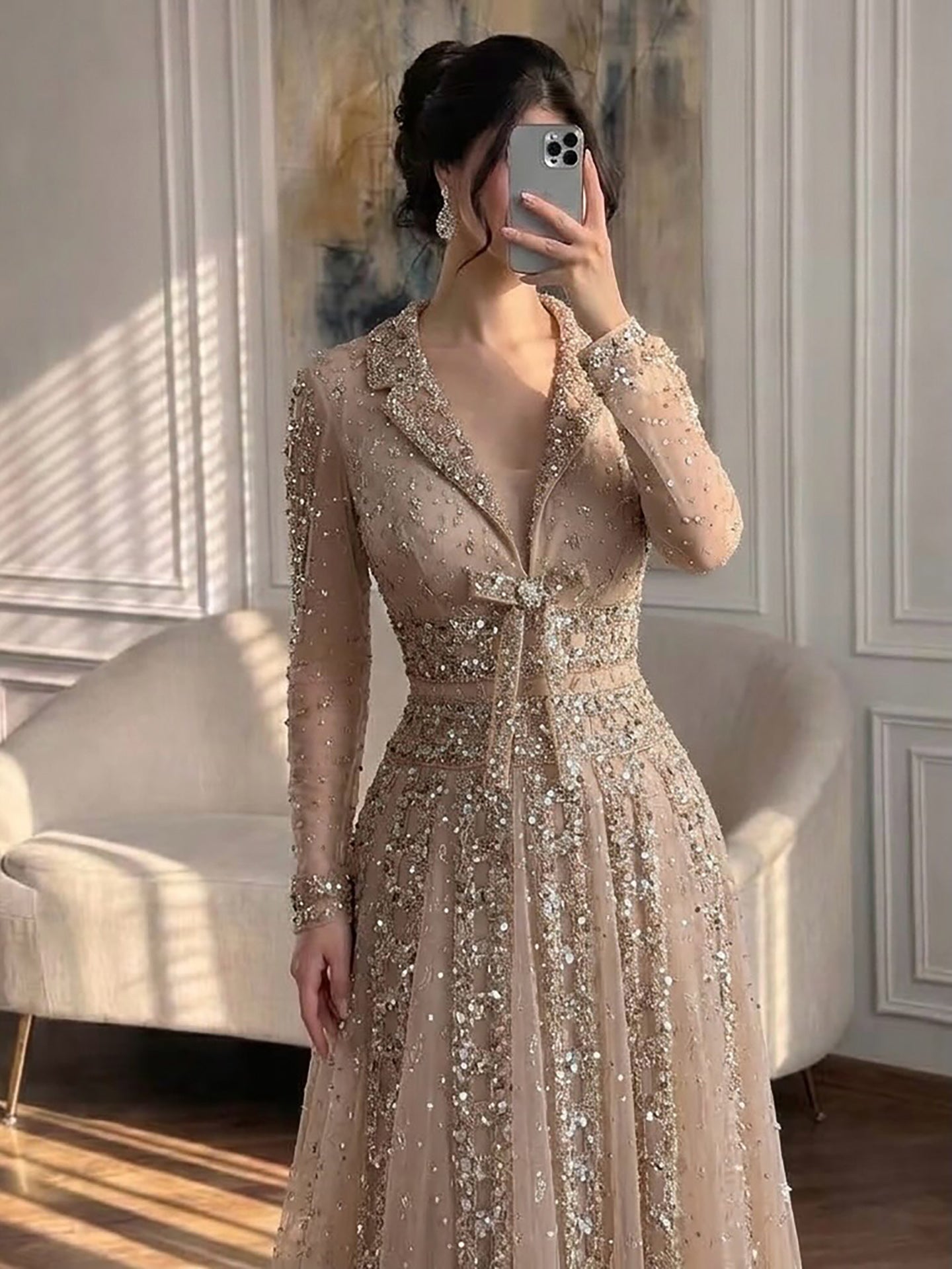 Luxury Caramel V Neck Beaded Bow A Line Evening Gown LA73663 SERENE HILL