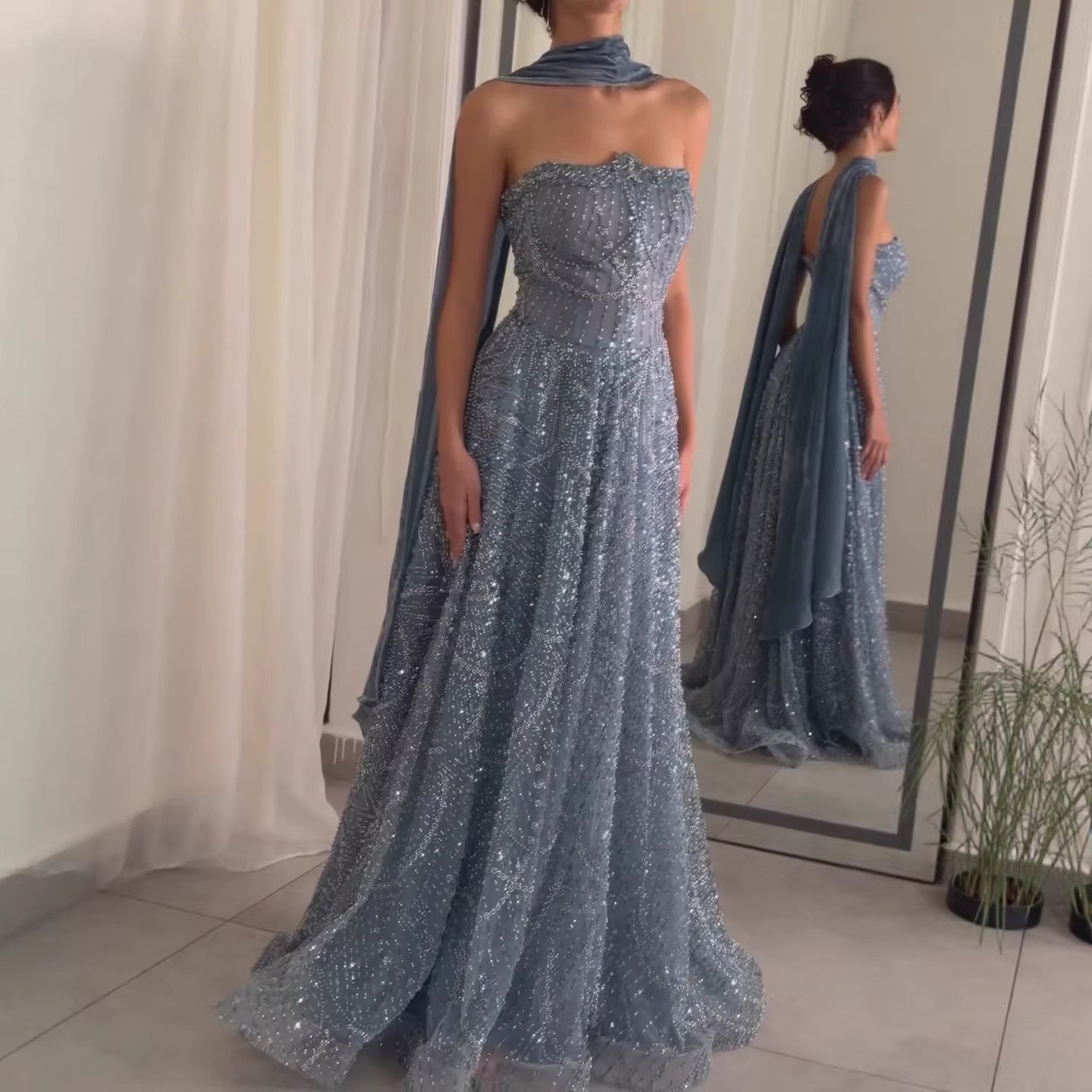 Luxury Blue Beaded A-Line Evening Dress with Cape Scarf LA73668 SERENE HILL Luxury Blue Beaded A-Line Evening Dress with Cape Scarf LA73668 SERENE HILL