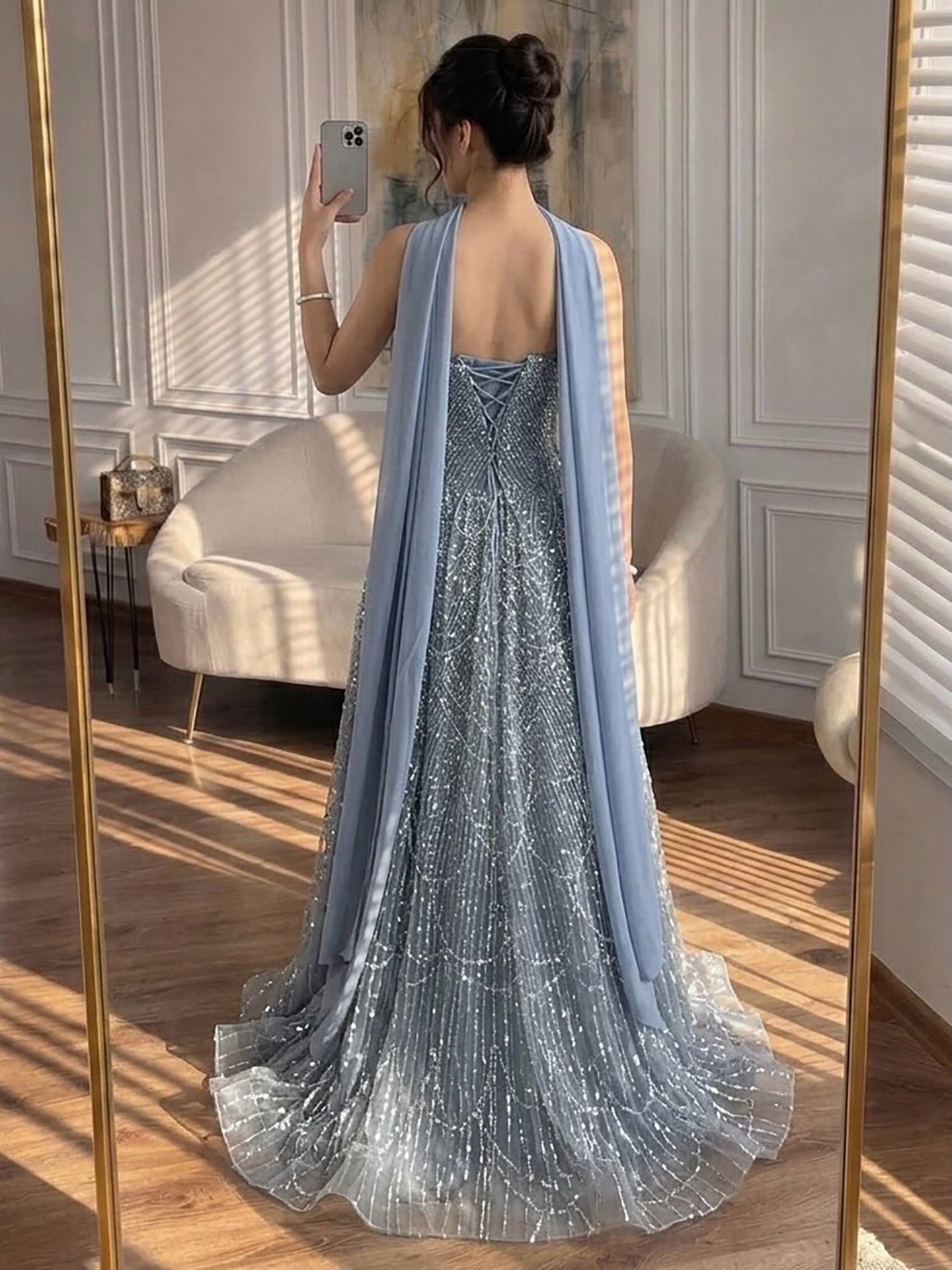 Luxury Blue Beaded A-Line Evening Dress with Cape Scarf LA73668 SERENE HILL