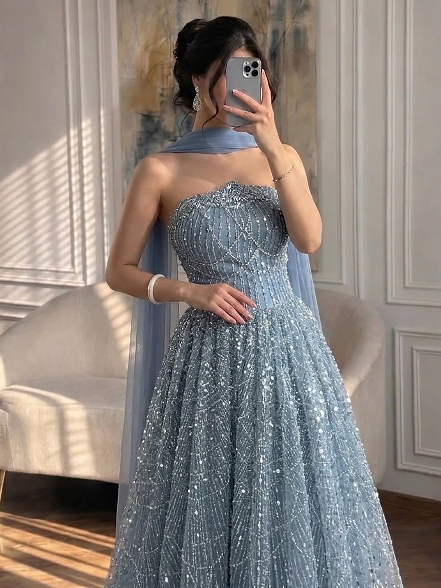 Luxury Blue Beaded A-Line Evening Dress with Cape Scarf LA73668 SERENE HILL