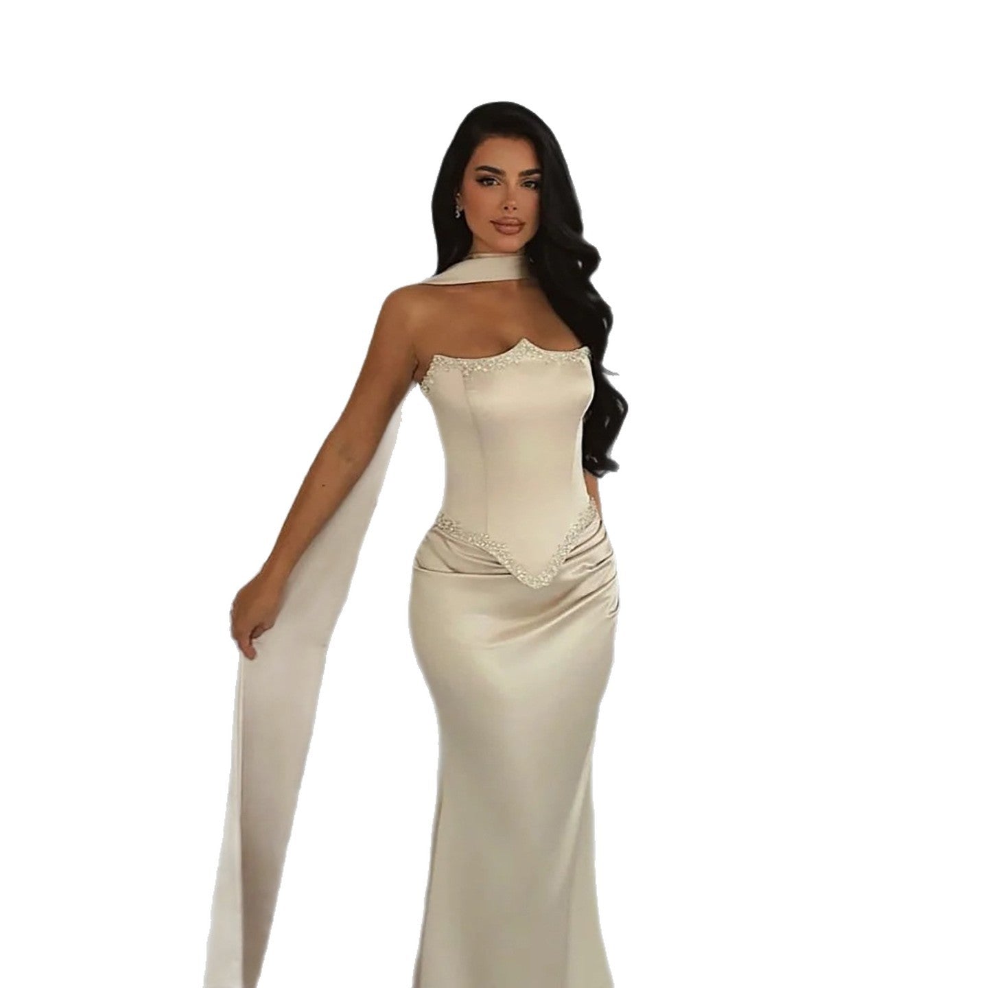 Luxury Cream Beaded Mermaid Prom Dress with Silk Scarf LA73669