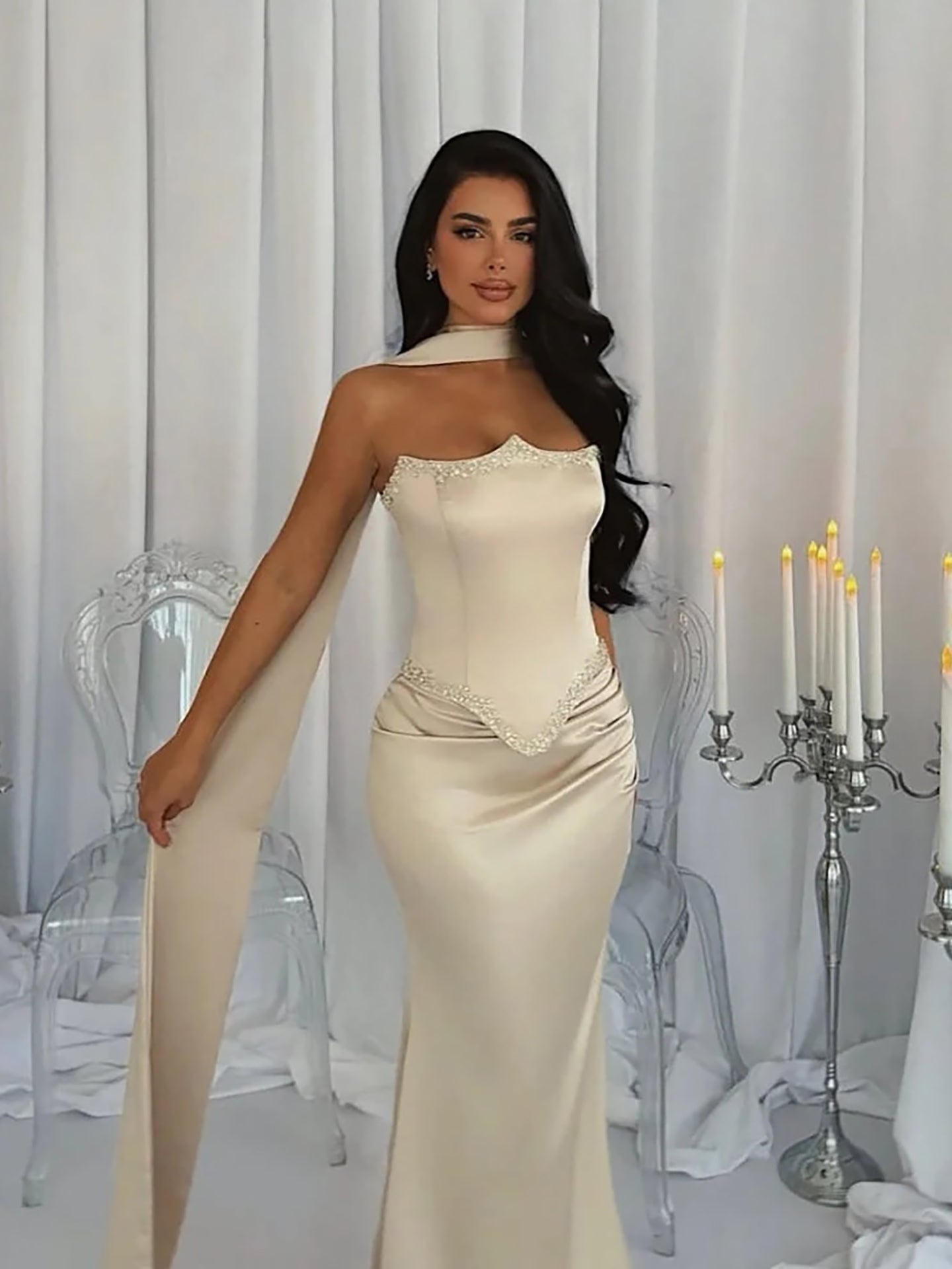 Luxury Cream Beaded Mermaid Prom Dress with Silk Scarf LA73669