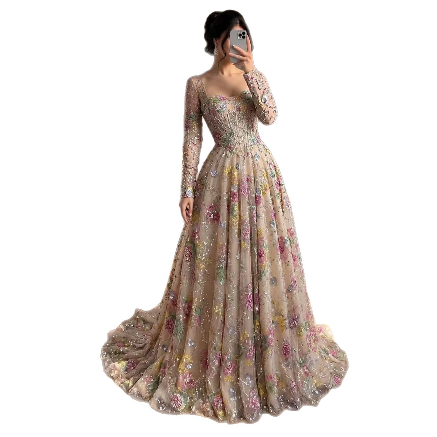 Luxury Nude Pink Colorful Floral Sequin Embroidered A-Line Dress LA73670 SERENE HILL