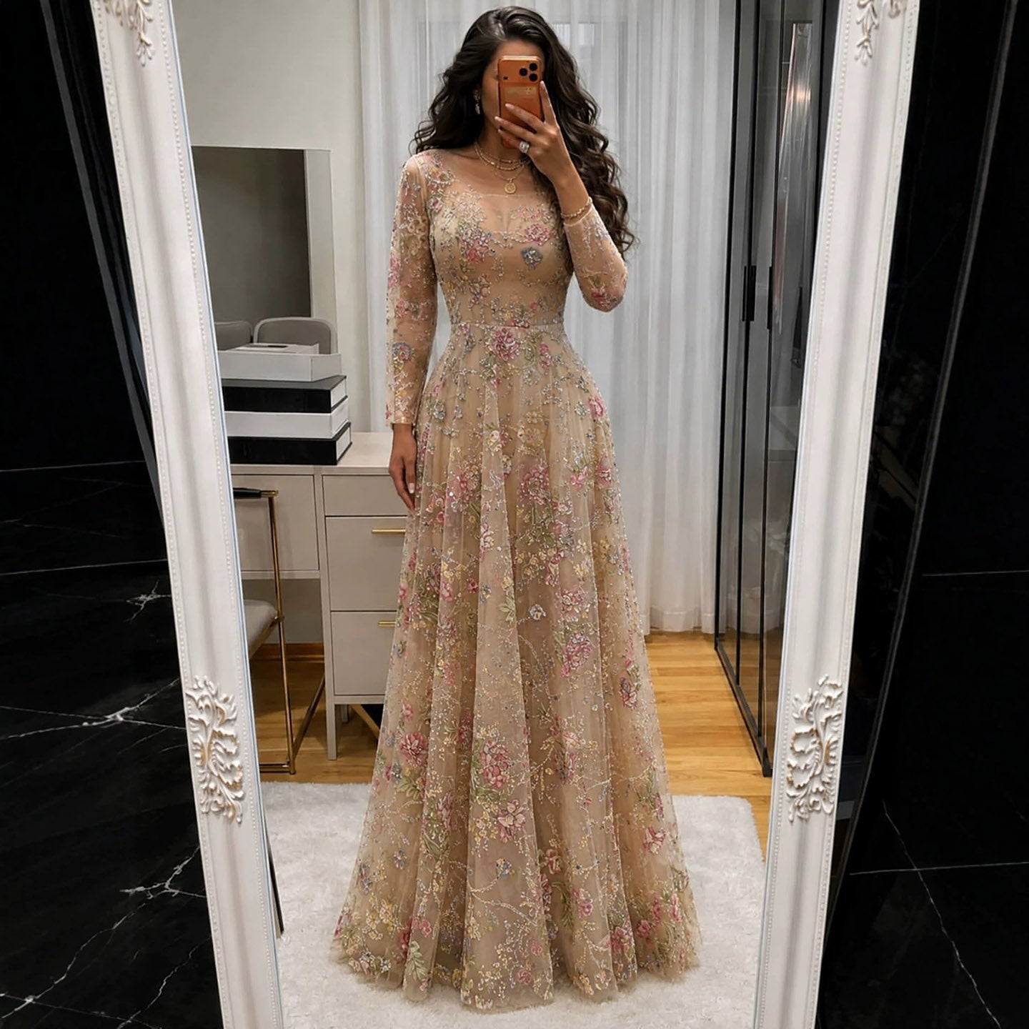 Luxury Nude Pink Colorful Floral Sequin Embroidered A-Line Dress LA73670