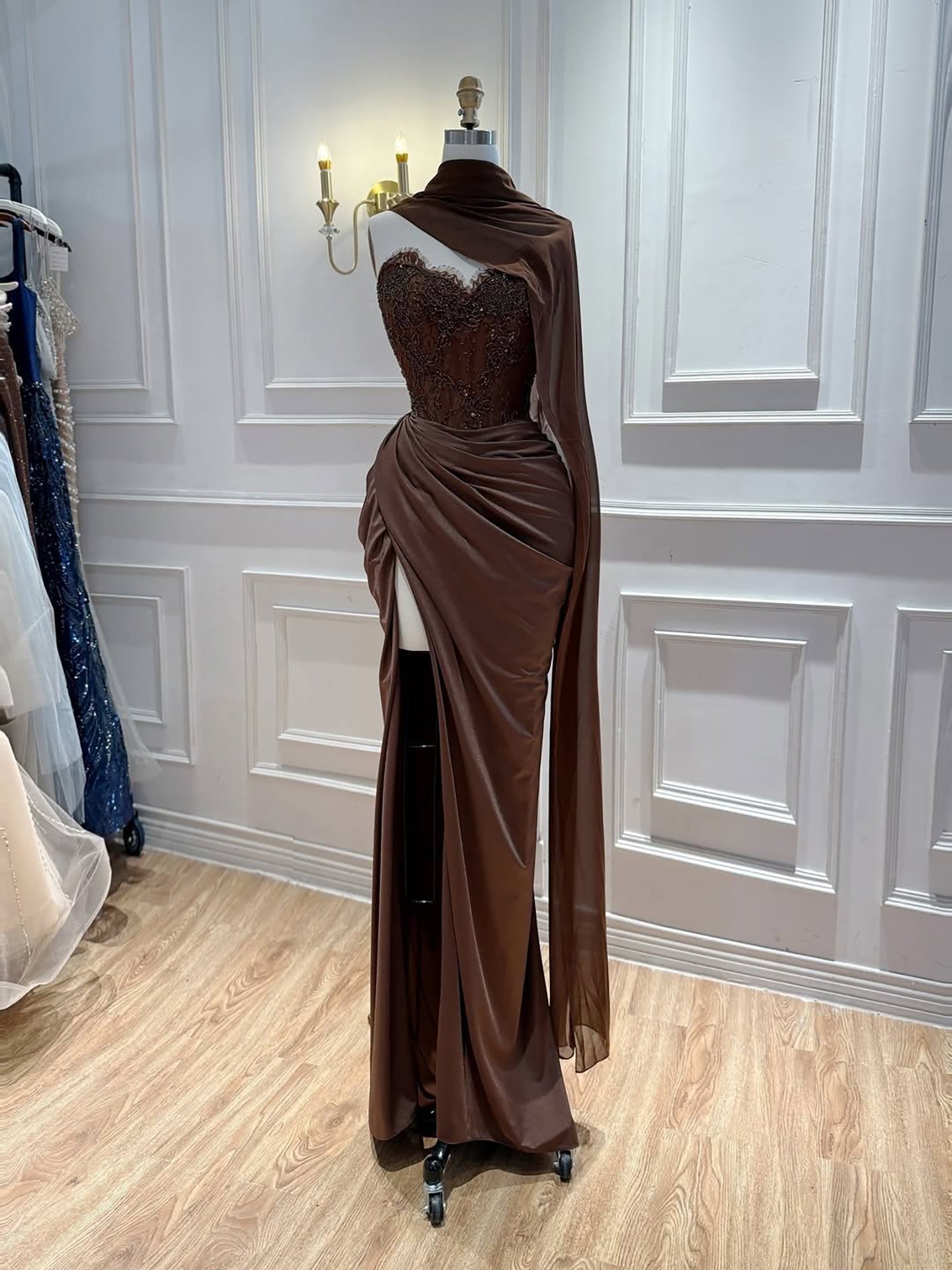 Luxury Brown Lace Beaded Strapless Mermaid Dress LA73672