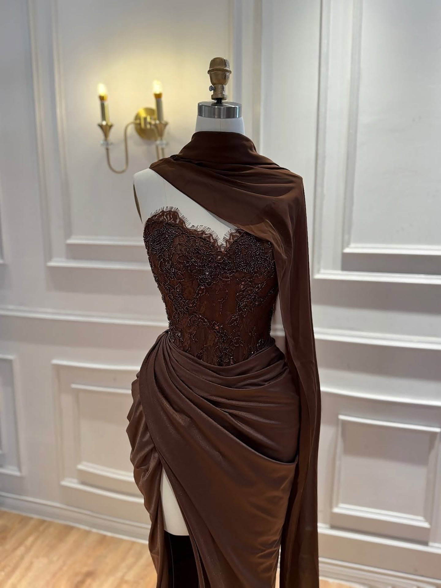 Luxury Brown Lace Beaded Strapless Mermaid Dress LA73672