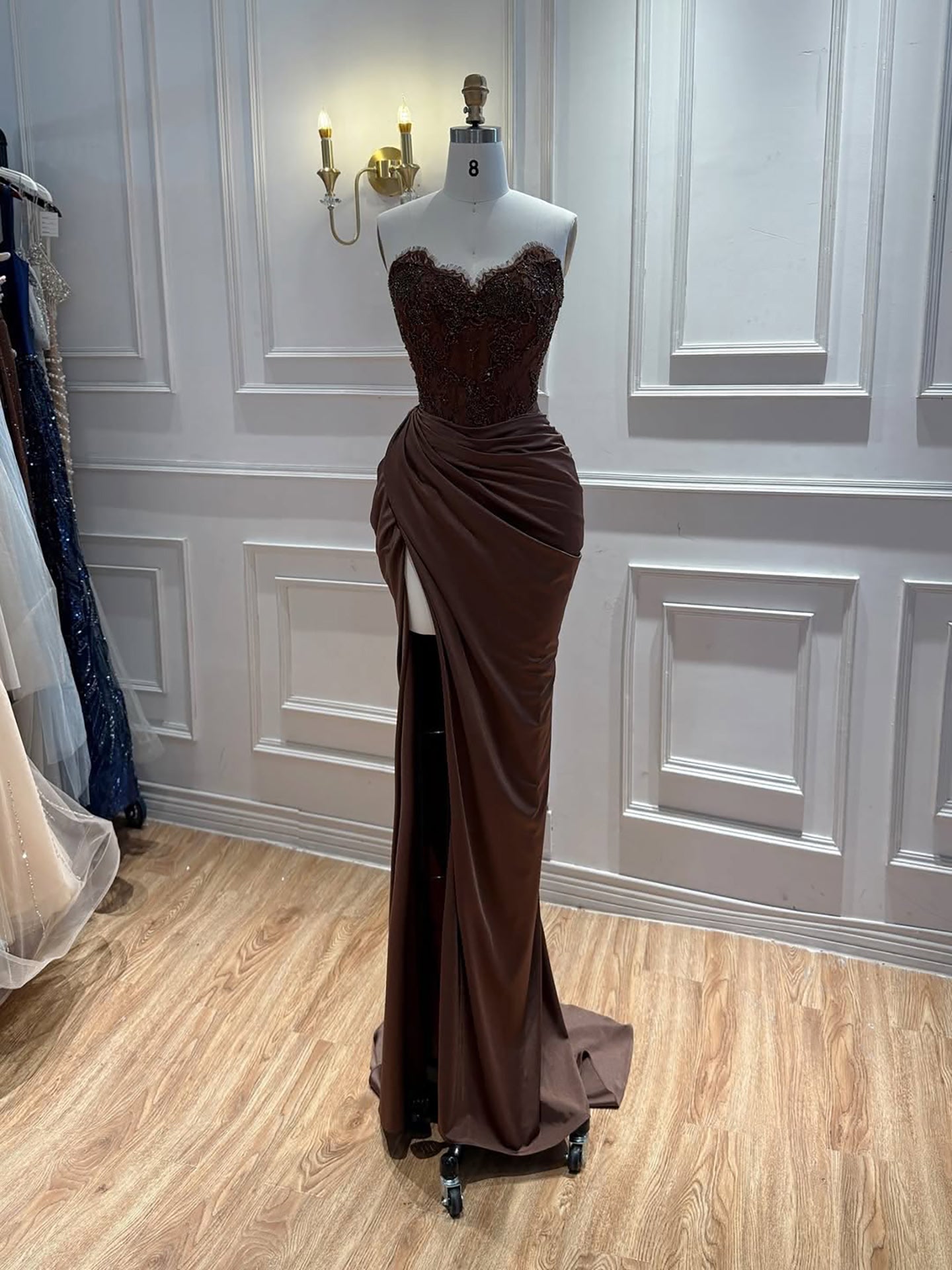 Luxury Brown Lace Beaded Strapless Mermaid Dress LA73672