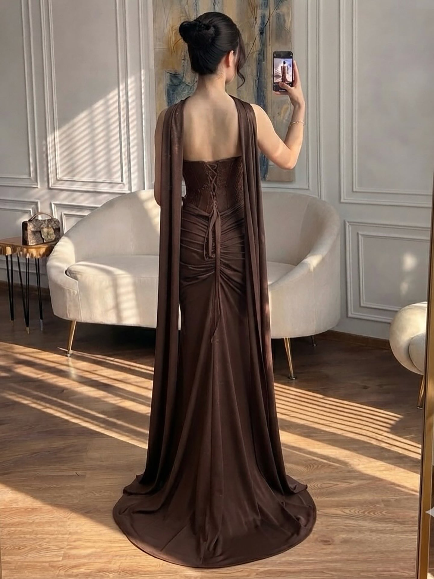 Luxury Brown Lace Beaded Strapless Mermaid Dress LA73672