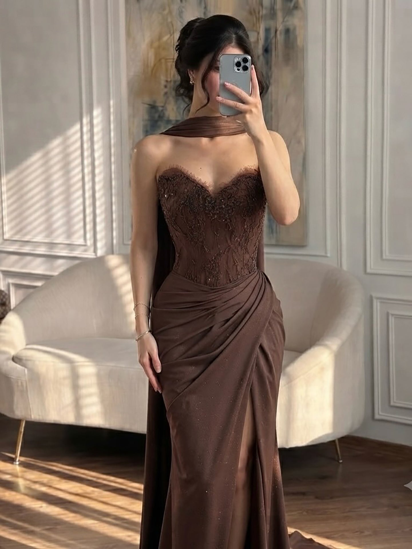 Luxury Brown Lace Beaded Strapless Mermaid Dress LA73672