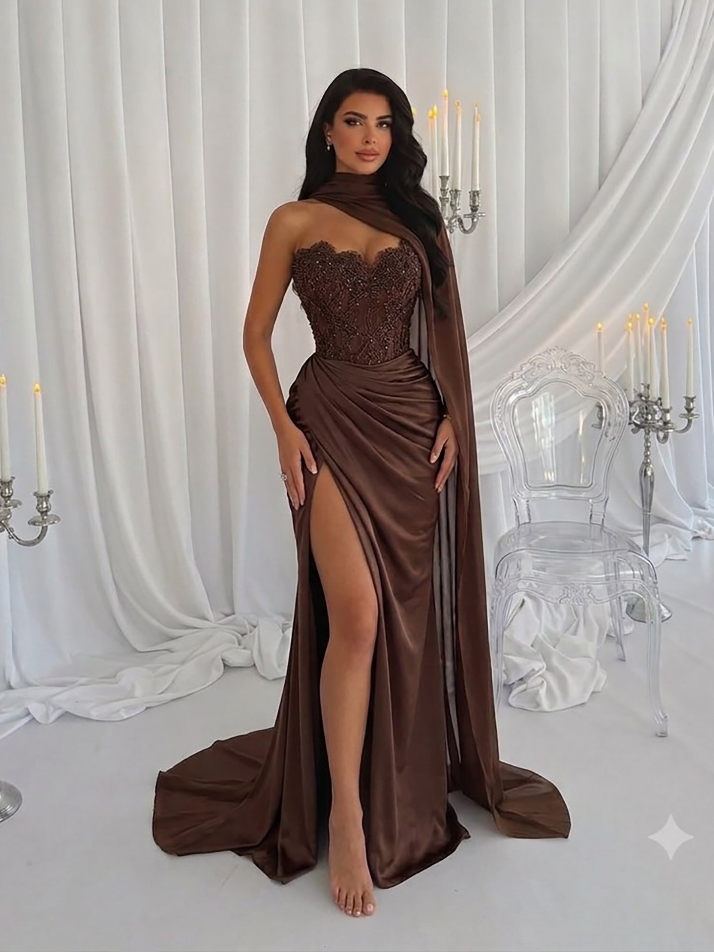 Luxury Brown Lace Beaded Strapless Mermaid Dress LA73672