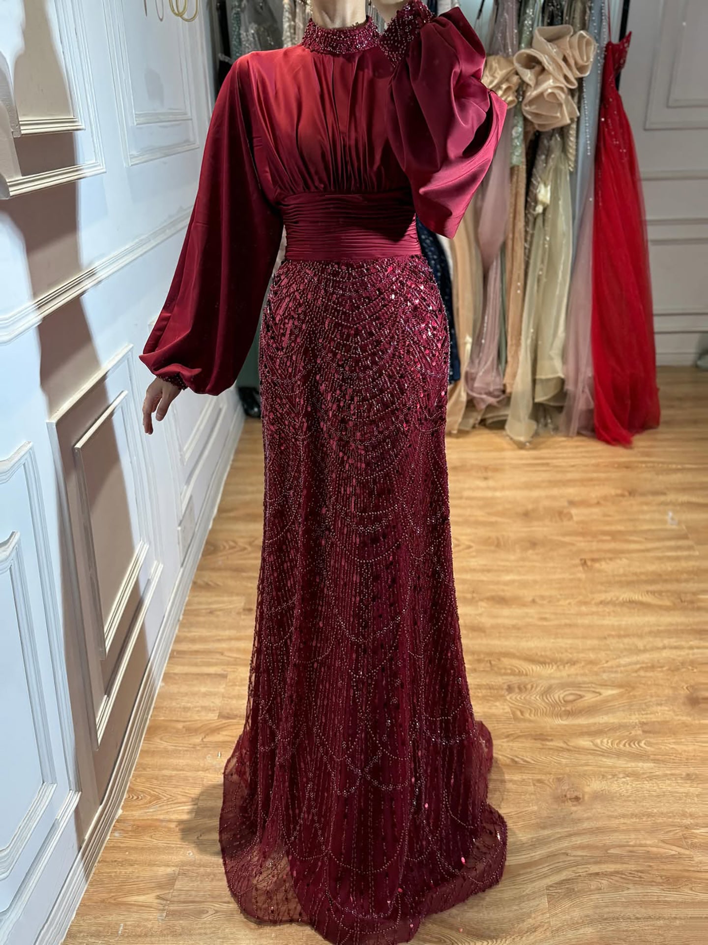 Luxury Muslim Green Satin Beaded Mermaid Evening Dress LA73676 SERENE HILL