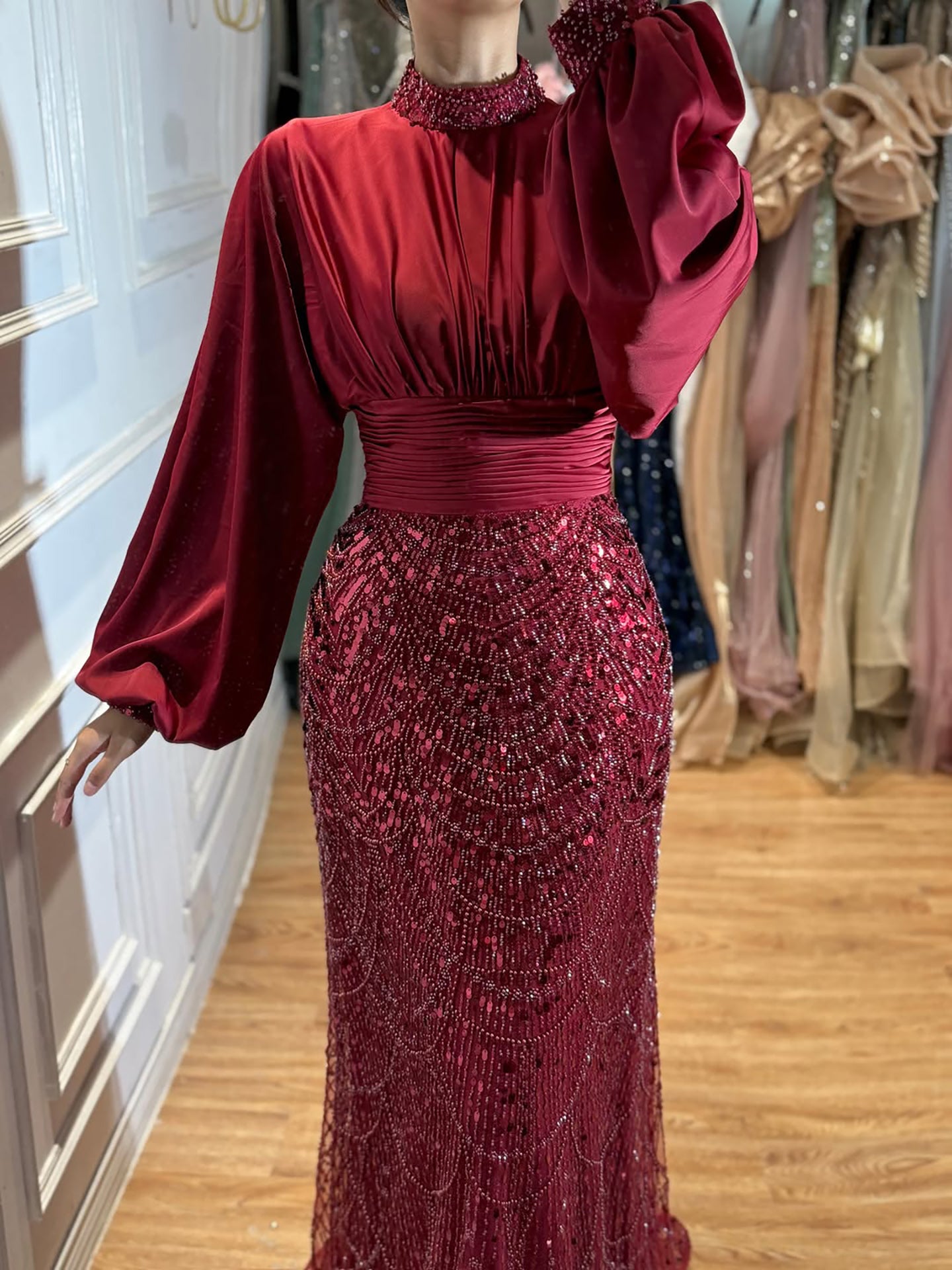 Luxury Muslim Green Satin Beaded Mermaid Evening Dress LA73676 SERENE HILL