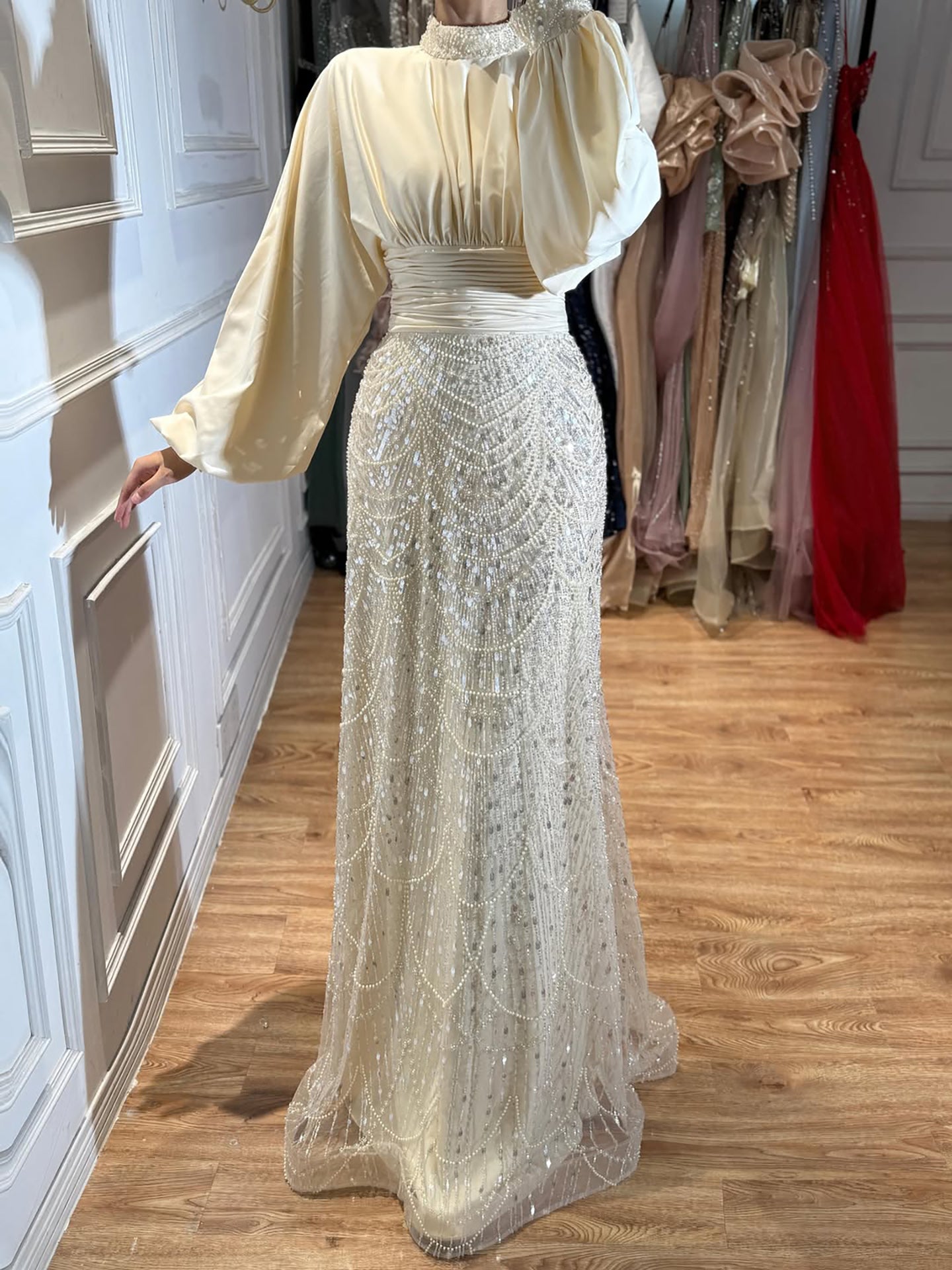 Luxury Muslim Green Satin Beaded Mermaid Evening Dress LA73676 SERENE HILL