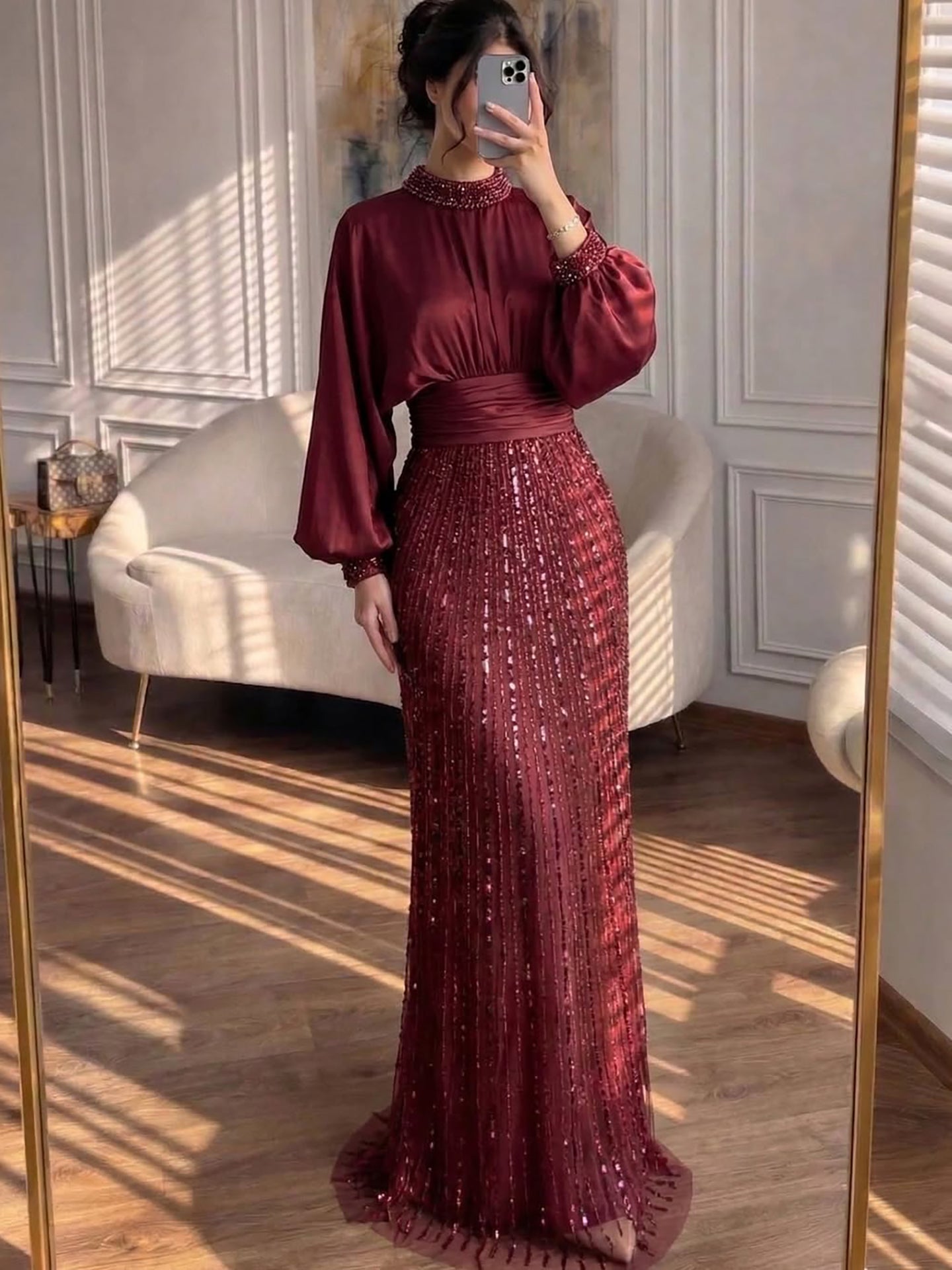 Luxury Muslim Green Satin Beaded Mermaid Evening Dress LA73676 - SERENE HILL