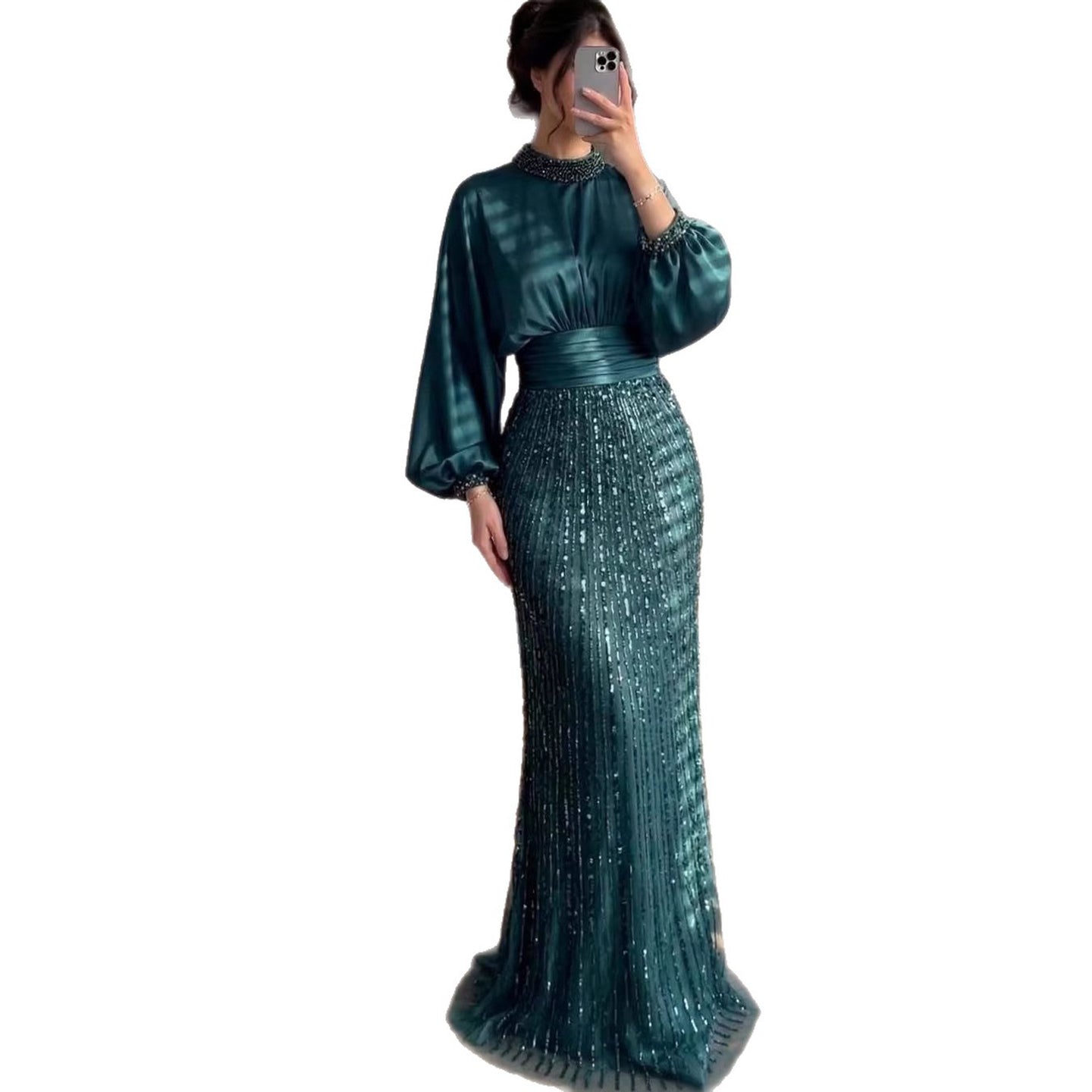 Luxury Muslim Green Satin Beaded Mermaid Evening Dress LA73676 - SERENE HILL