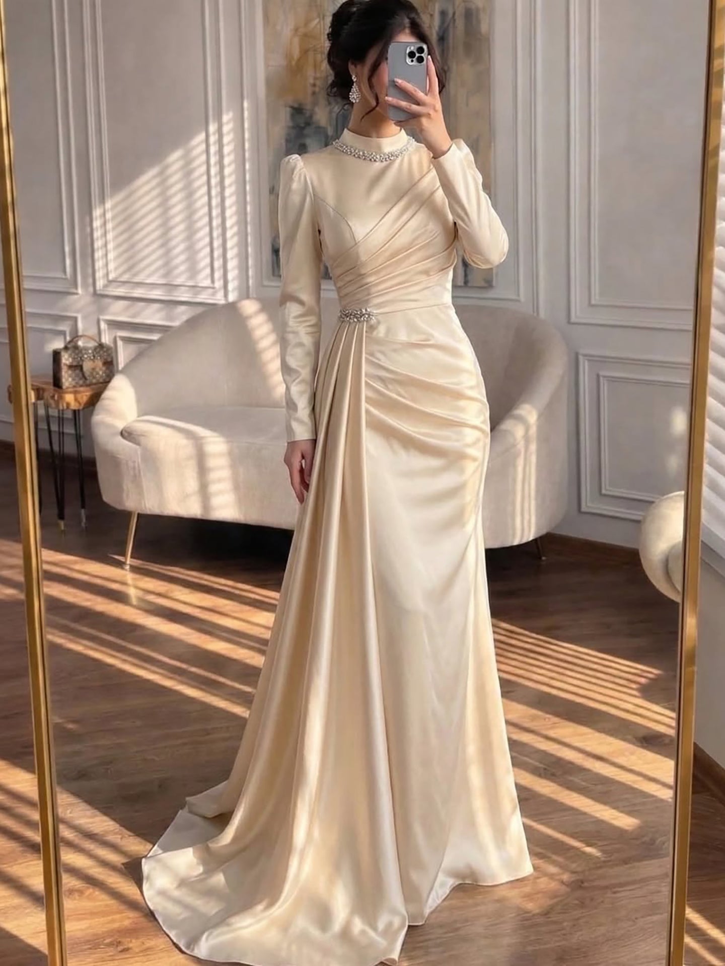Luxury Muslim Green Satin Crystal Beaded Mermaid Evening Dress LA73667 - SERENE HILL