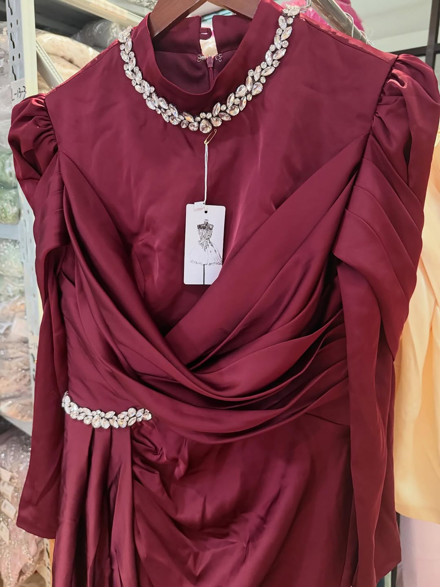 Luxury Wine Red Crystal Mermaid Ruched Long Sleeve Evening Dress LA73768 - SERENE HILL
