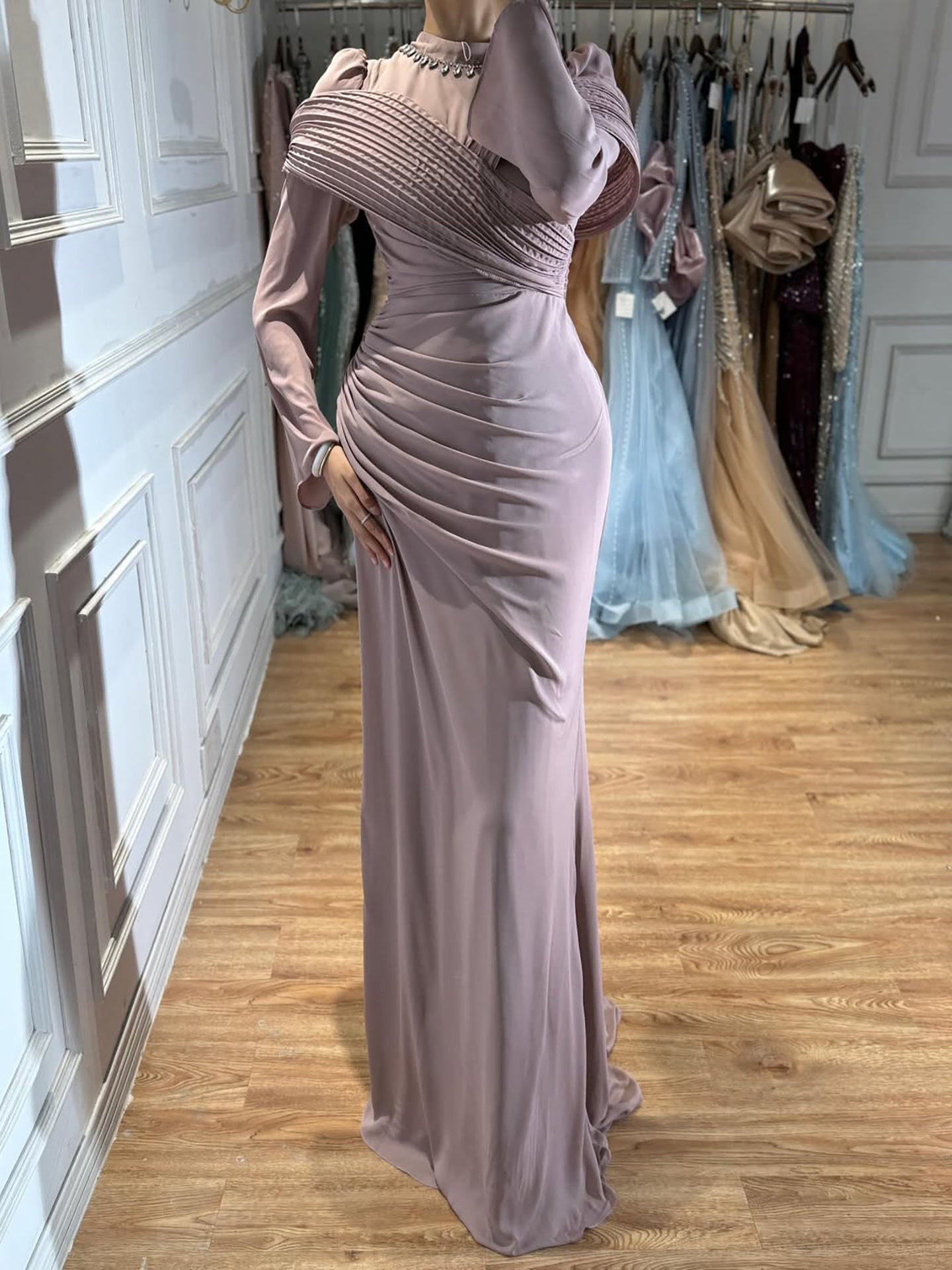 Luxury Wine Red Crystal Mermaid Ruched Long Sleeve Evening Dress LA73678