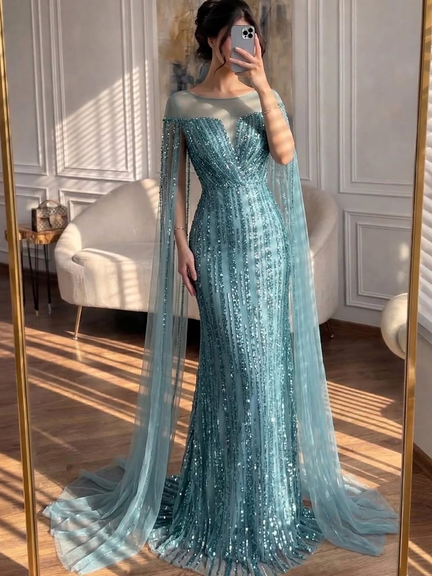 Luxury Gold Beaded Mermaid Evening Dress with Cape Sleeves LA73679 - SERENE HILL