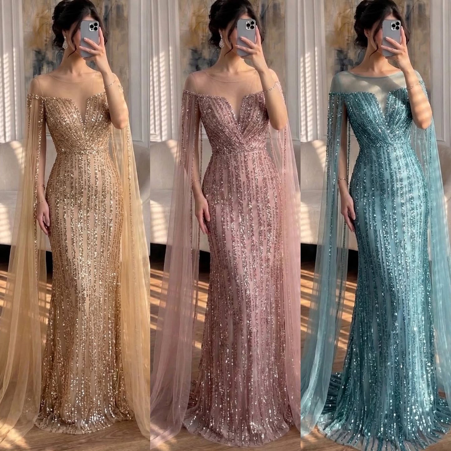 Luxury Gold Beaded Mermaid Evening Dress with Cape Sleeves LA73679 - SERENE HILL