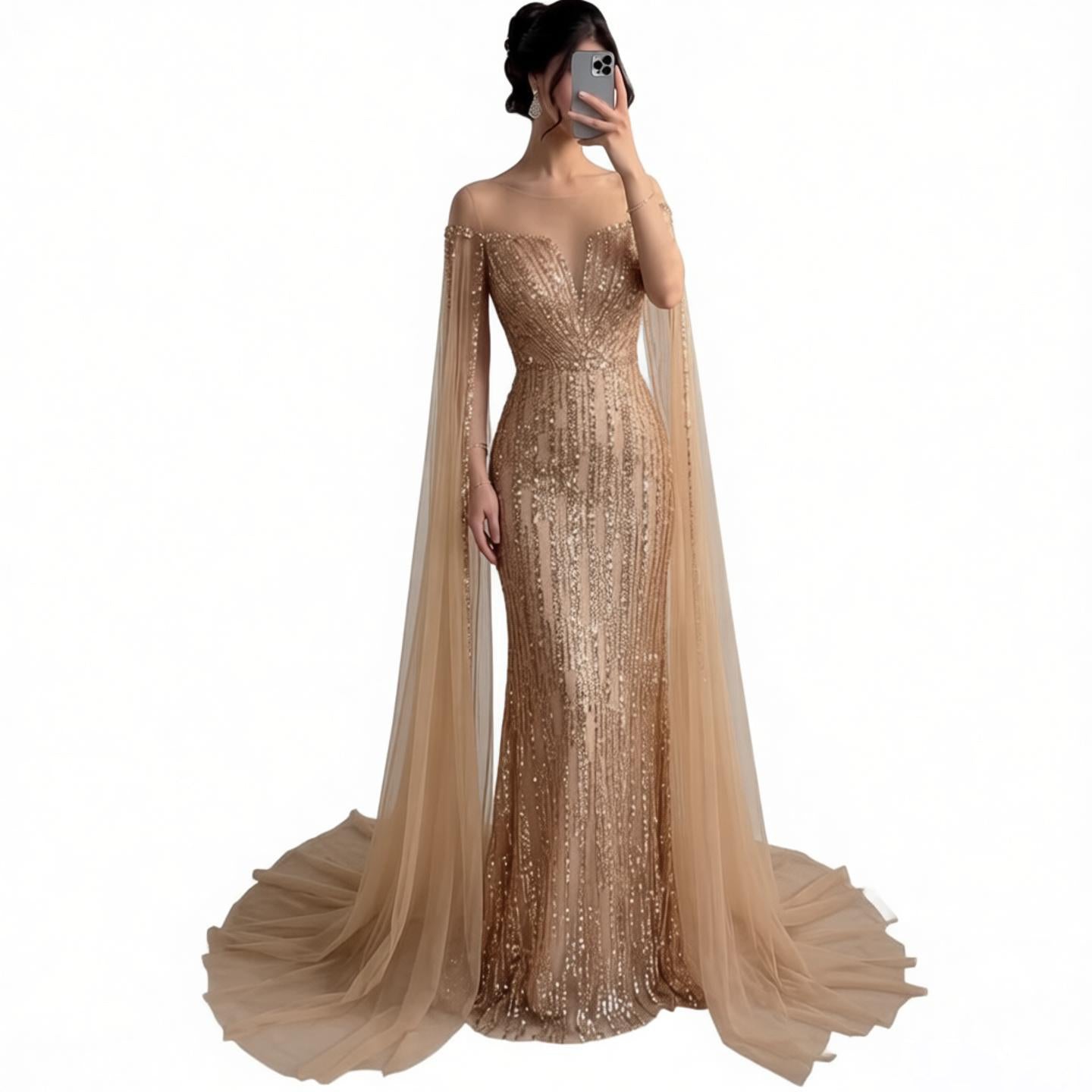 Luxury Gold Beaded Mermaid Evening Dress with Cape Sleeves LA73679 - SERENE HILL