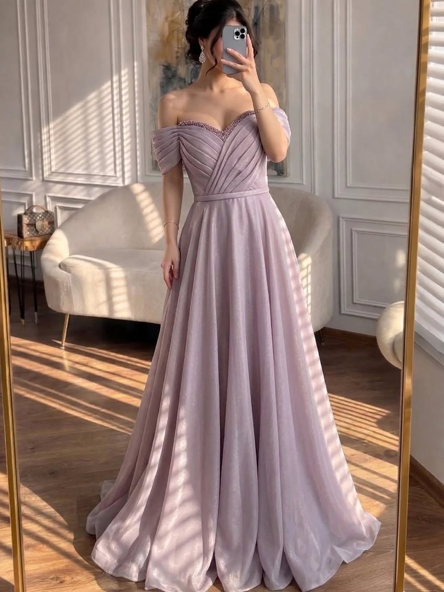Luxury Pink Off Shoulder A-Line Evening Dress Ruched LA73681 - SERENE HILL
