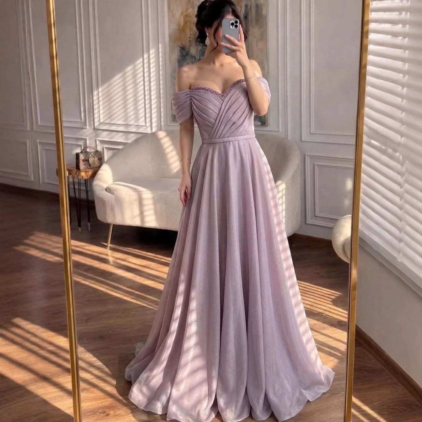 Luxury Pink Off Shoulder A-Line Evening Dress Ruched LA73681 - SERENE HILL