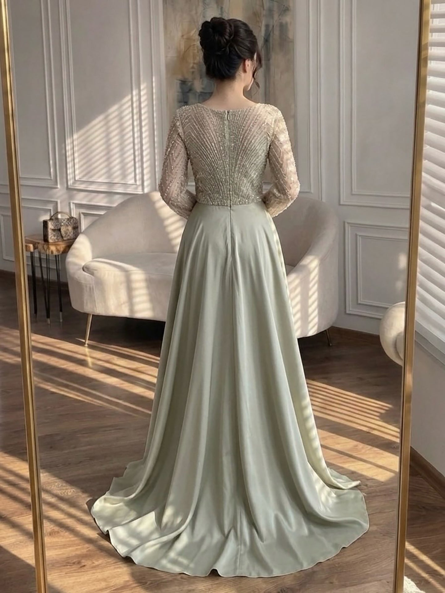 Luxury Sage Green Beaded Long Sleeve Overskirt Mermaid Dress LA73682 SERENE HILL