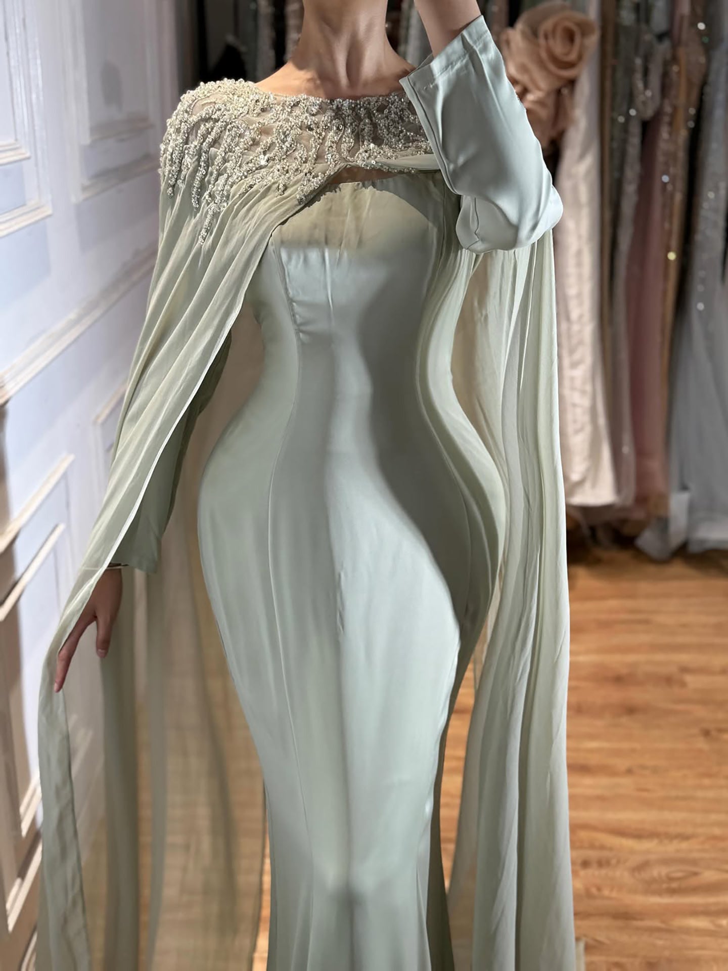 Luxury Green Beaded Cape Long Sleeve Satin Mermaid Dress LA73683 SERENE HILL