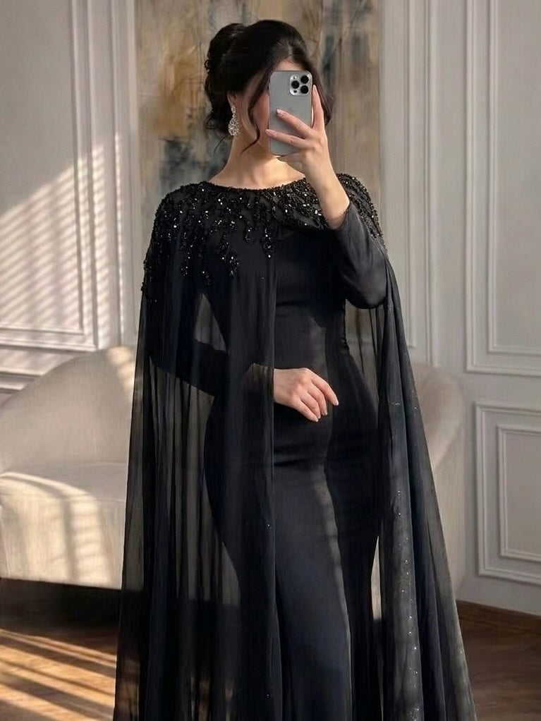 Luxury Green Beaded Cape Long Sleeve Satin Mermaid Dress LA73683 SERENE HILL