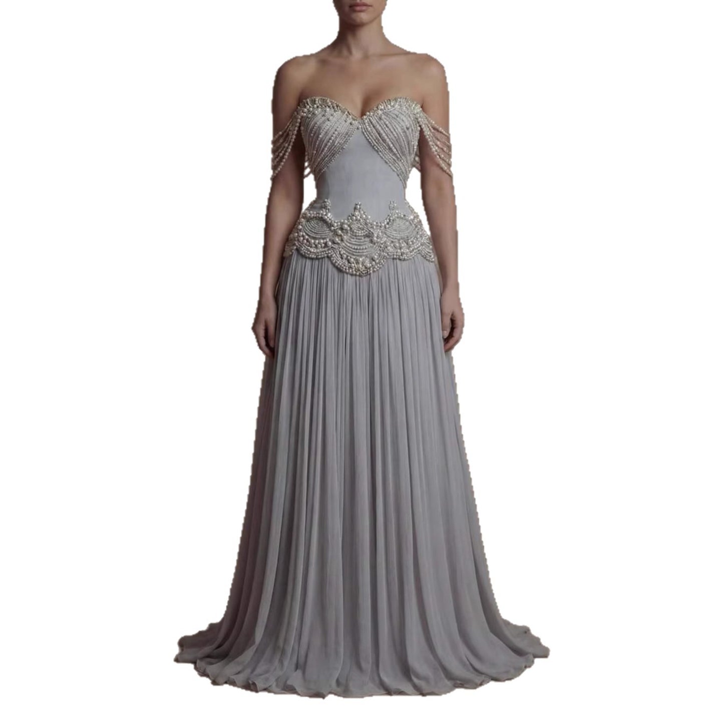 Luxury Gray Pearl Beaded Strapless A-Line Evening Dress LA73684 - SERENE HILL