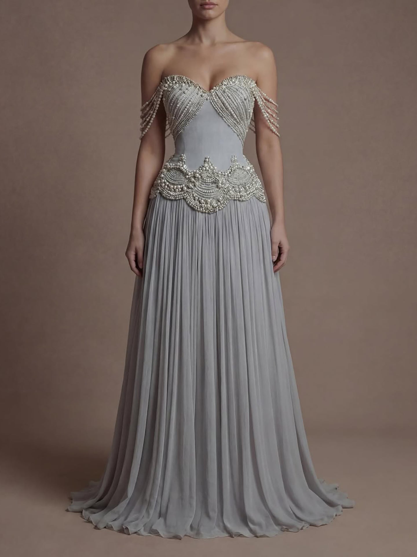 Luxury Gray Pearl Beaded Strapless A-Line Evening Dress LA73684 - SERENE HILL