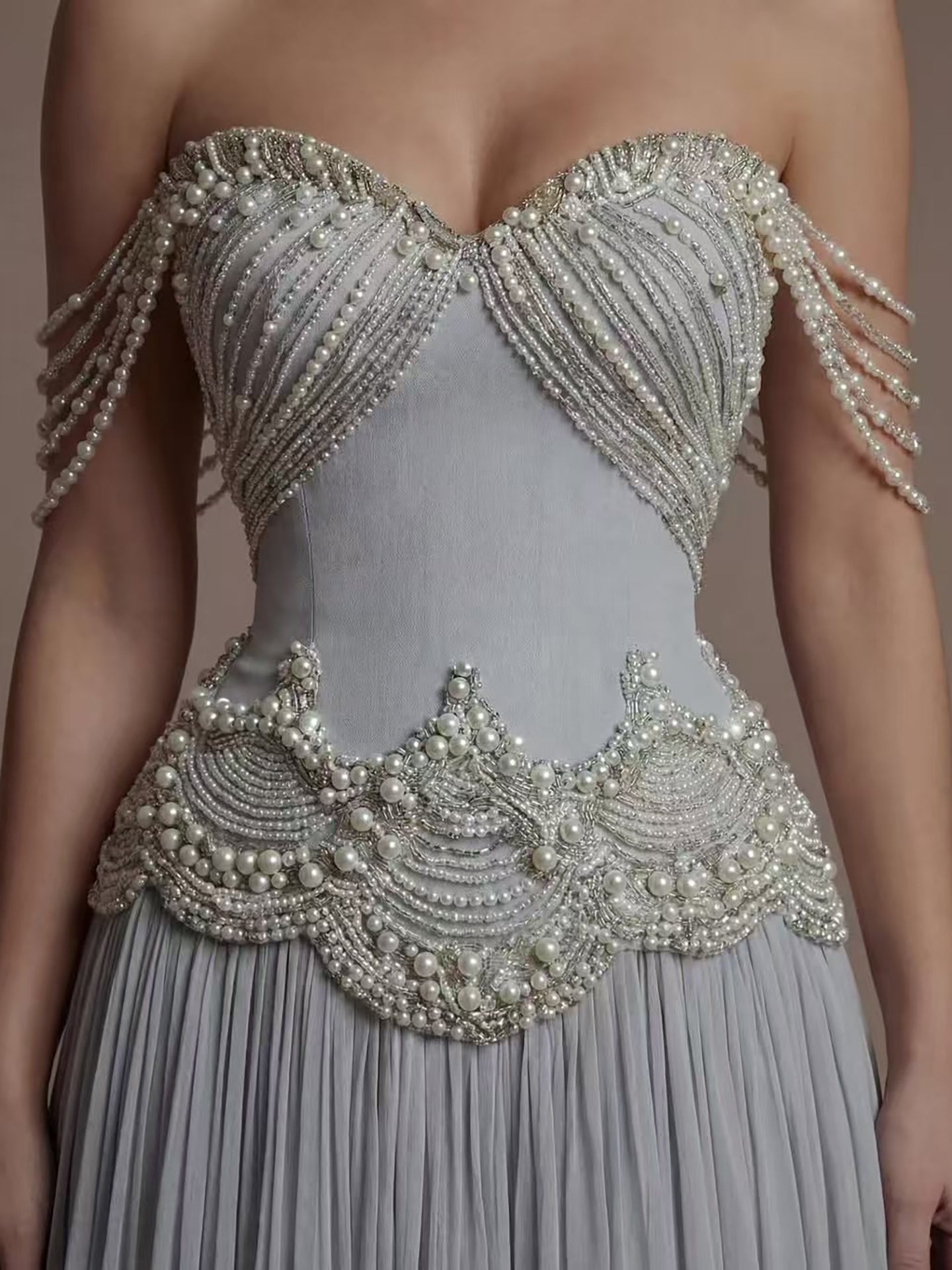 Luxury Gray Pearl Beaded Strapless A-Line Evening Dress LA73684 - SERENE HILL