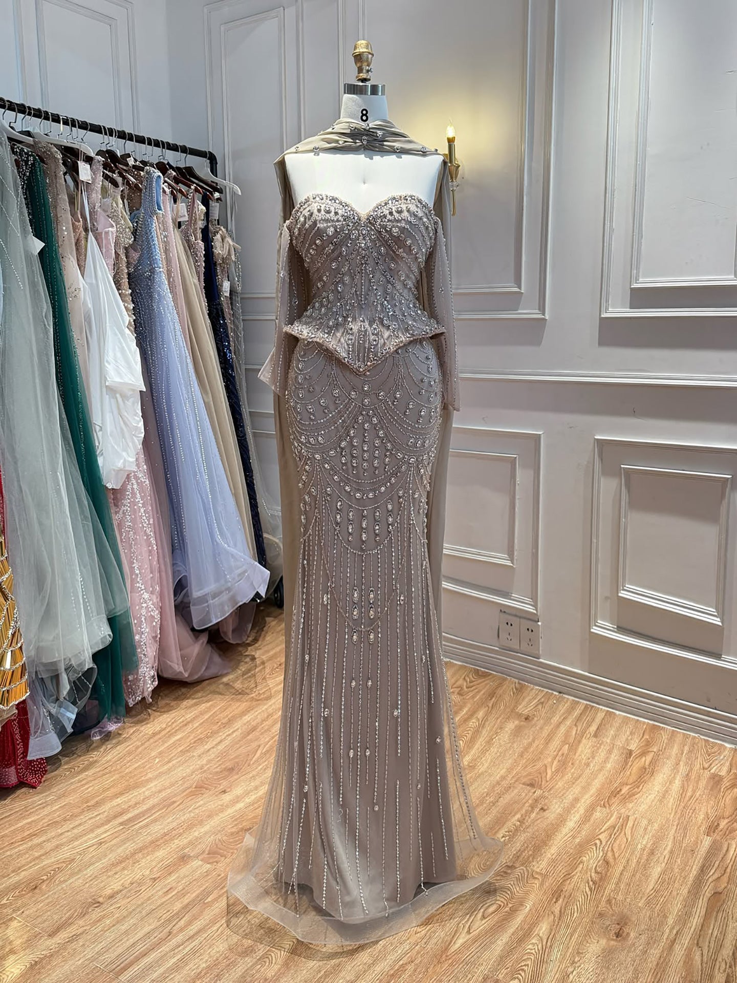 Luxury Nude Crystal Beaded Mermaid Off Shoulder Evening Dress LA73686A SERENE HILL