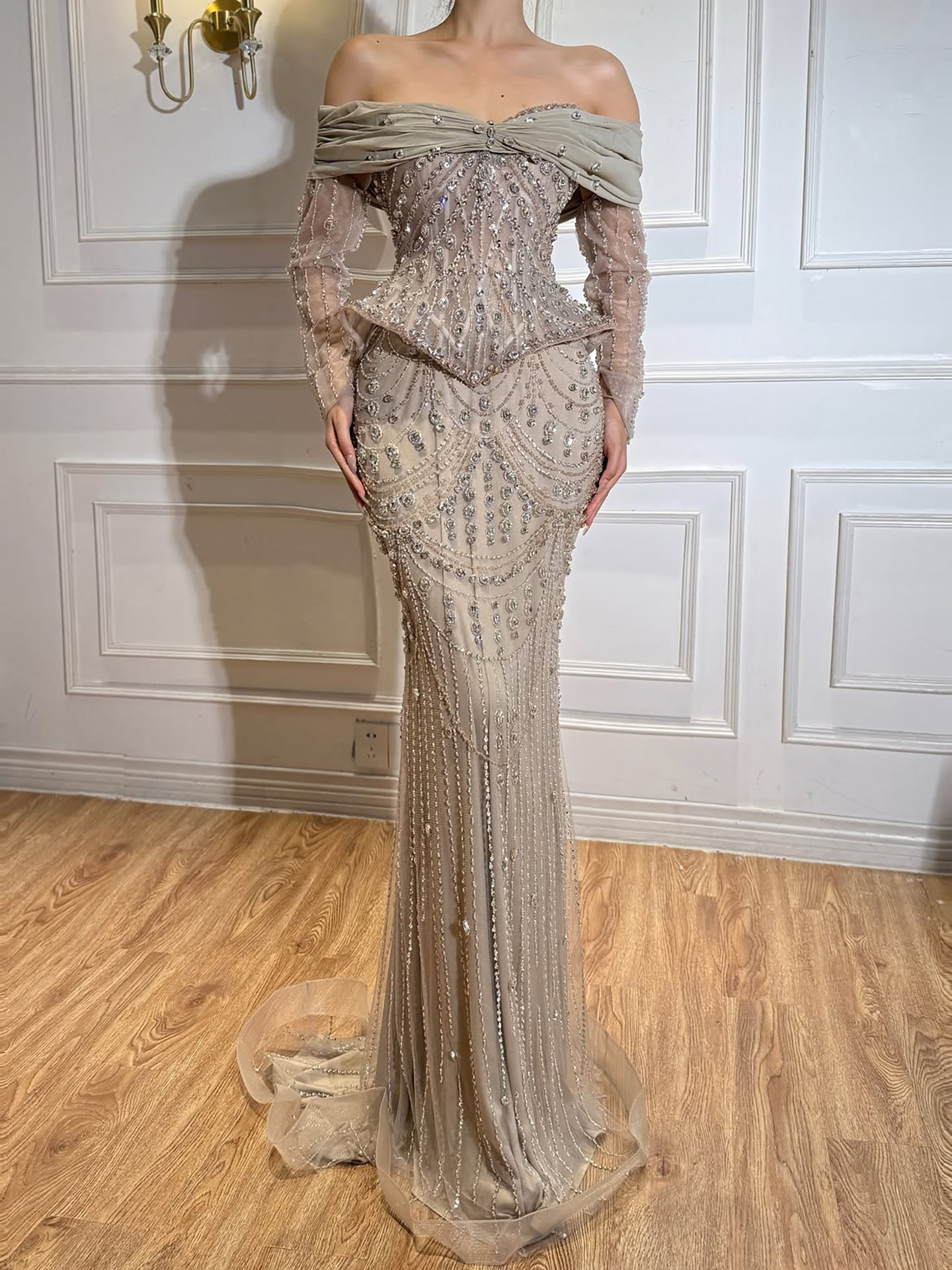 Luxury Caramel Crystal Beaded Mermaid Off Shoulder Evening Dress LA73686A SERENE HILL