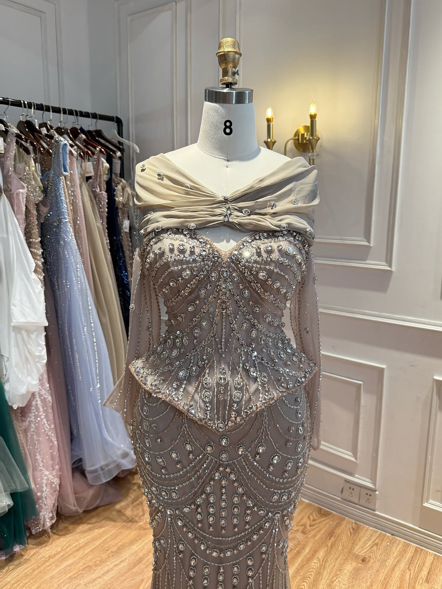 Luxury Nude Crystal Beaded Mermaid Off Shoulder Evening Dress LA73686A SERENE HILL