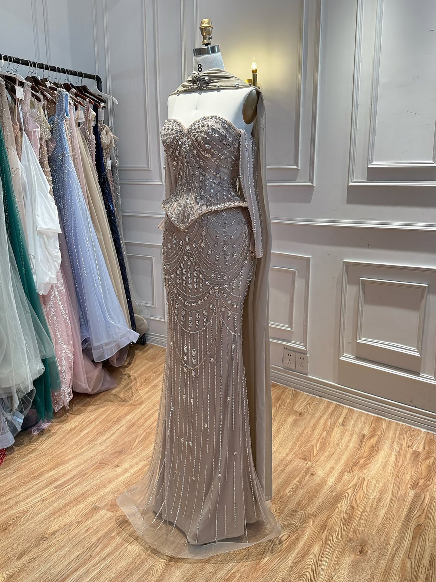 Luxury Nude Crystal Beaded Mermaid Off Shoulder Evening Dress LA73686A SERENE HILL