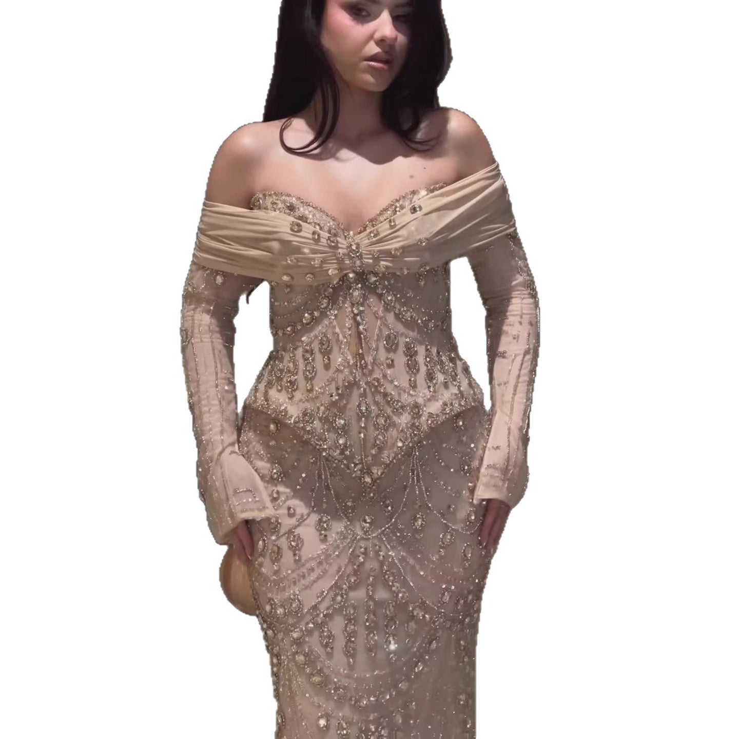 Luxury Nude Crystal Beaded Mermaid Off Shoulder Evening Dress LA73686A
