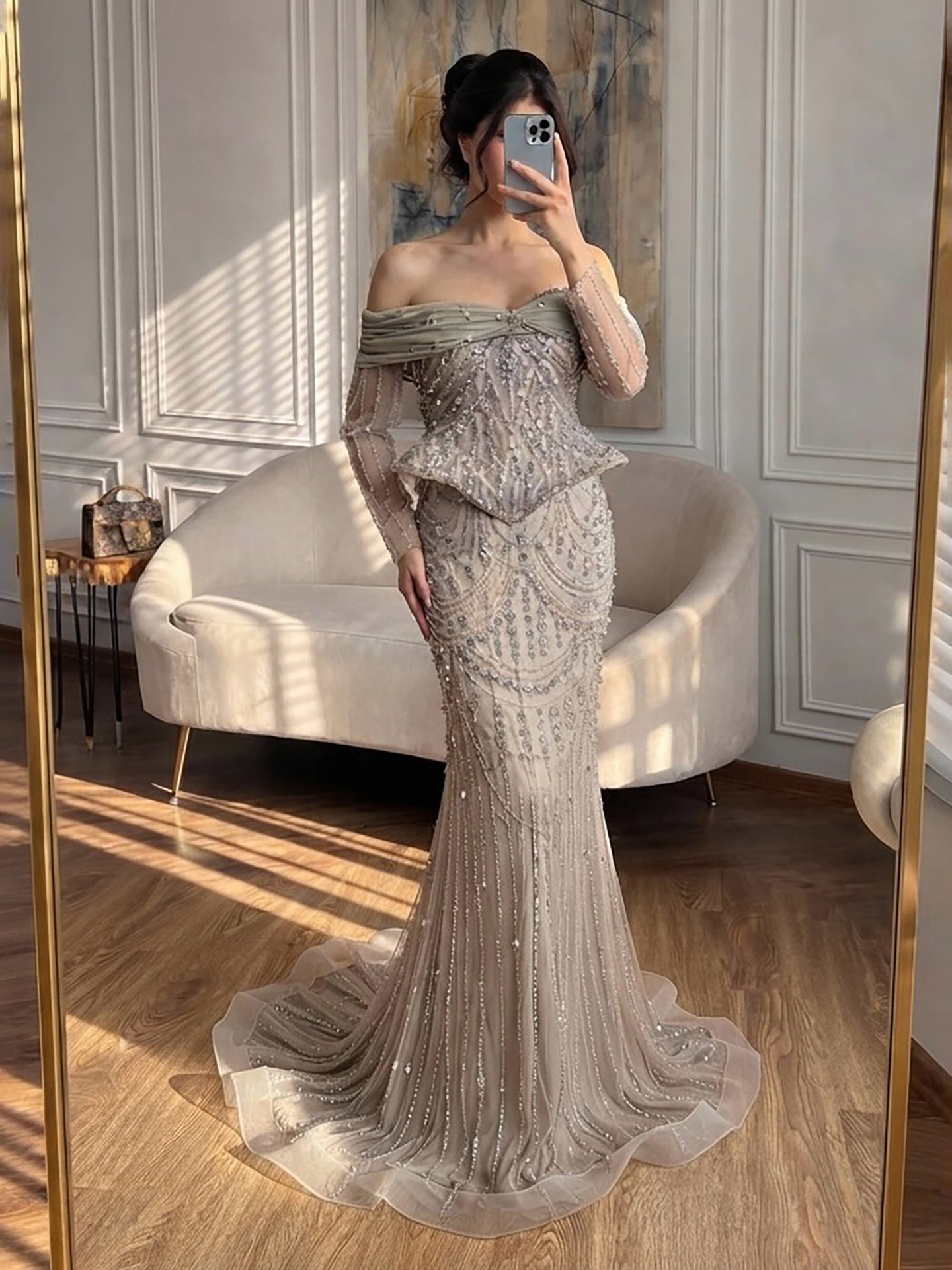 Luxury Caramel Crystal Beaded Mermaid Off Shoulder Evening Dress LA73686A SERENE HILL