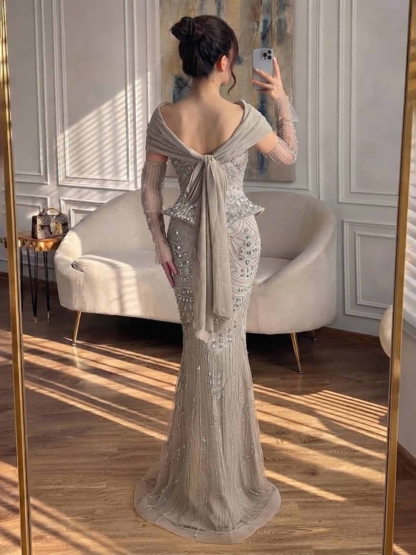 Luxury Caramel Crystal Beaded Mermaid Off Shoulder Evening Dress LA73686A SERENE HILL