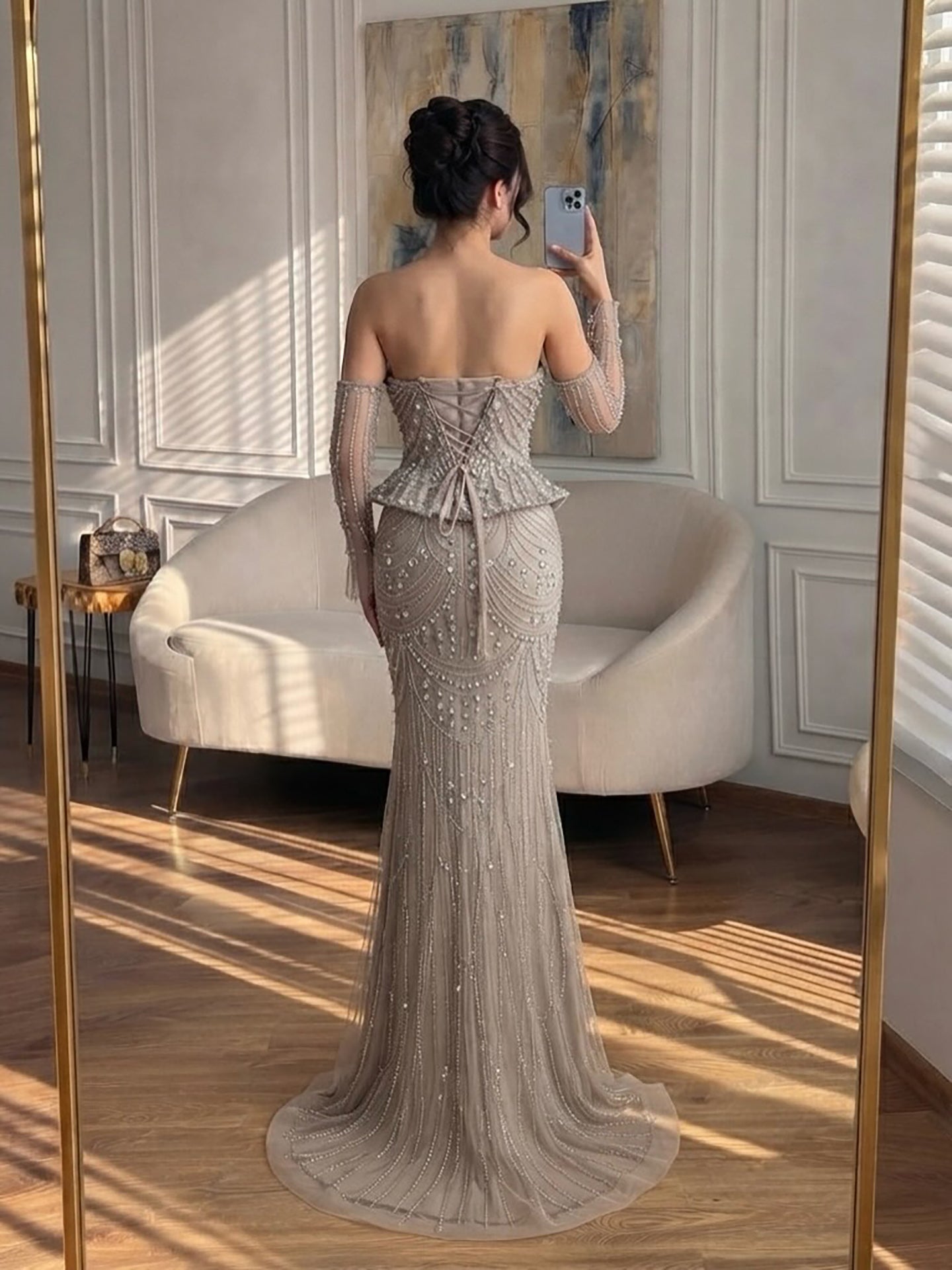 Luxury Caramel Crystal Beaded Mermaid Off Shoulder Evening Dress LA73686A SERENE HILL