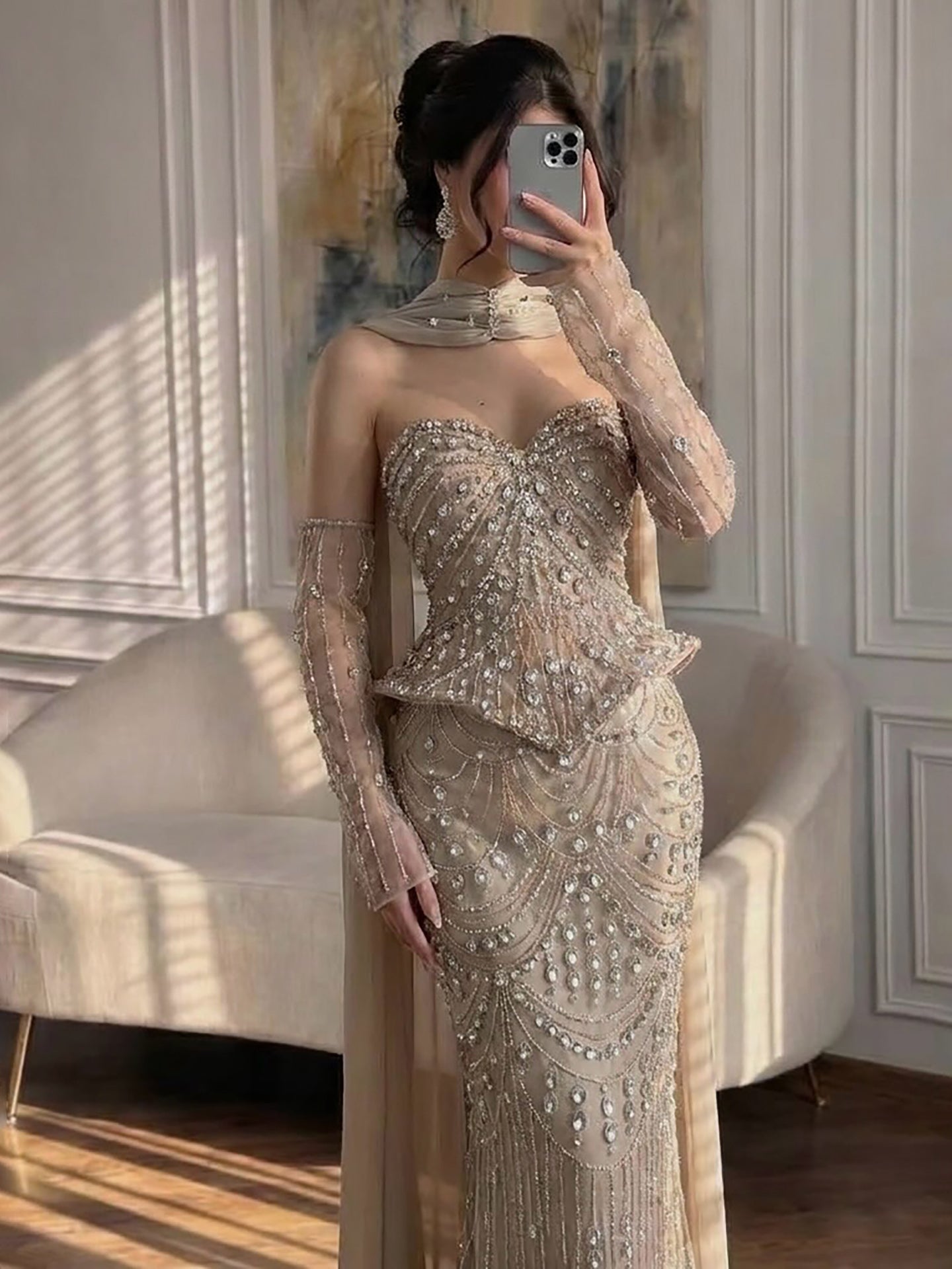 Luxury Caramel Crystal Beaded Mermaid Off Shoulder Evening Dress LA73686A SERENE HILL
