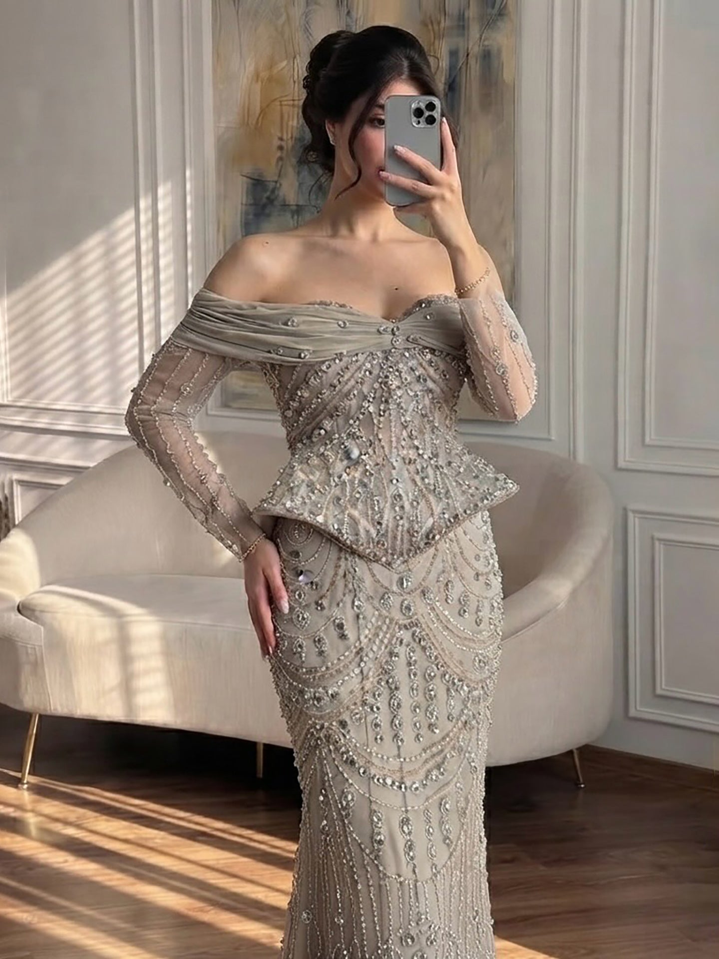 Luxury Caramel Crystal Beaded Mermaid Off Shoulder Evening Dress LA73686A SERENE HILL