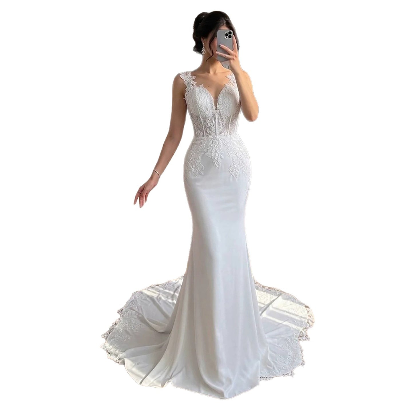 Luxury White V Neck See Through Lace Mermaid Dress LA73690 SERENE HILL