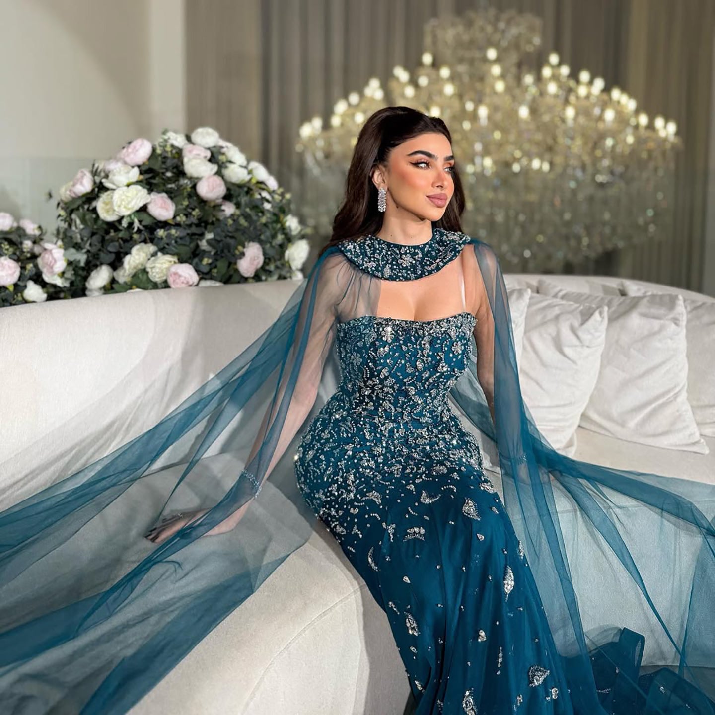 Luxury Blue Crystal Beaded Mermaid Evening Dress With Cape Sleeves LA73692 nude / 4