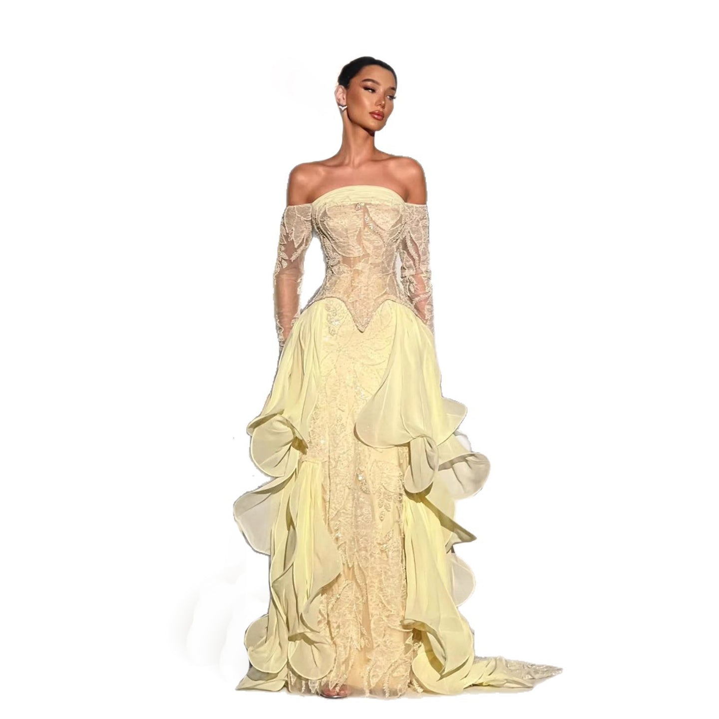 Luxury Yellow Lace Corset Ruffle Evening Dress LA73695